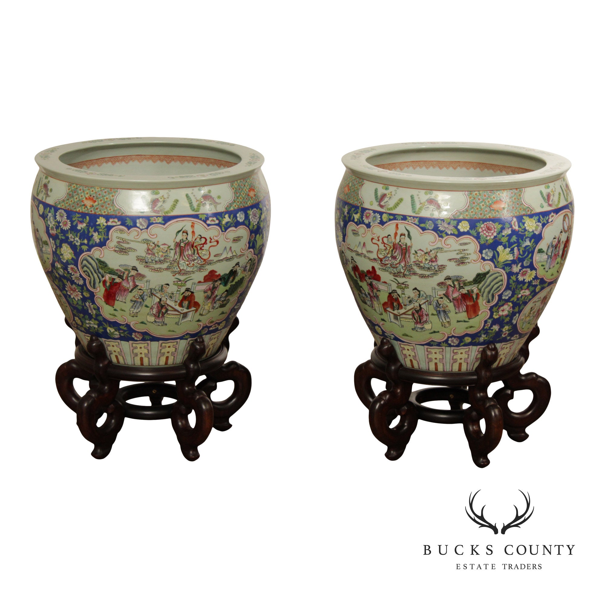 Vintage Chinese Pair of Enameled Porcelain Jardinieres