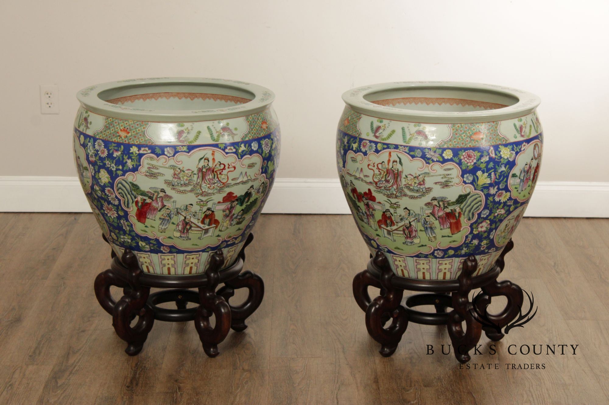 Vintage Chinese Pair of Enameled Porcelain Jardinieres