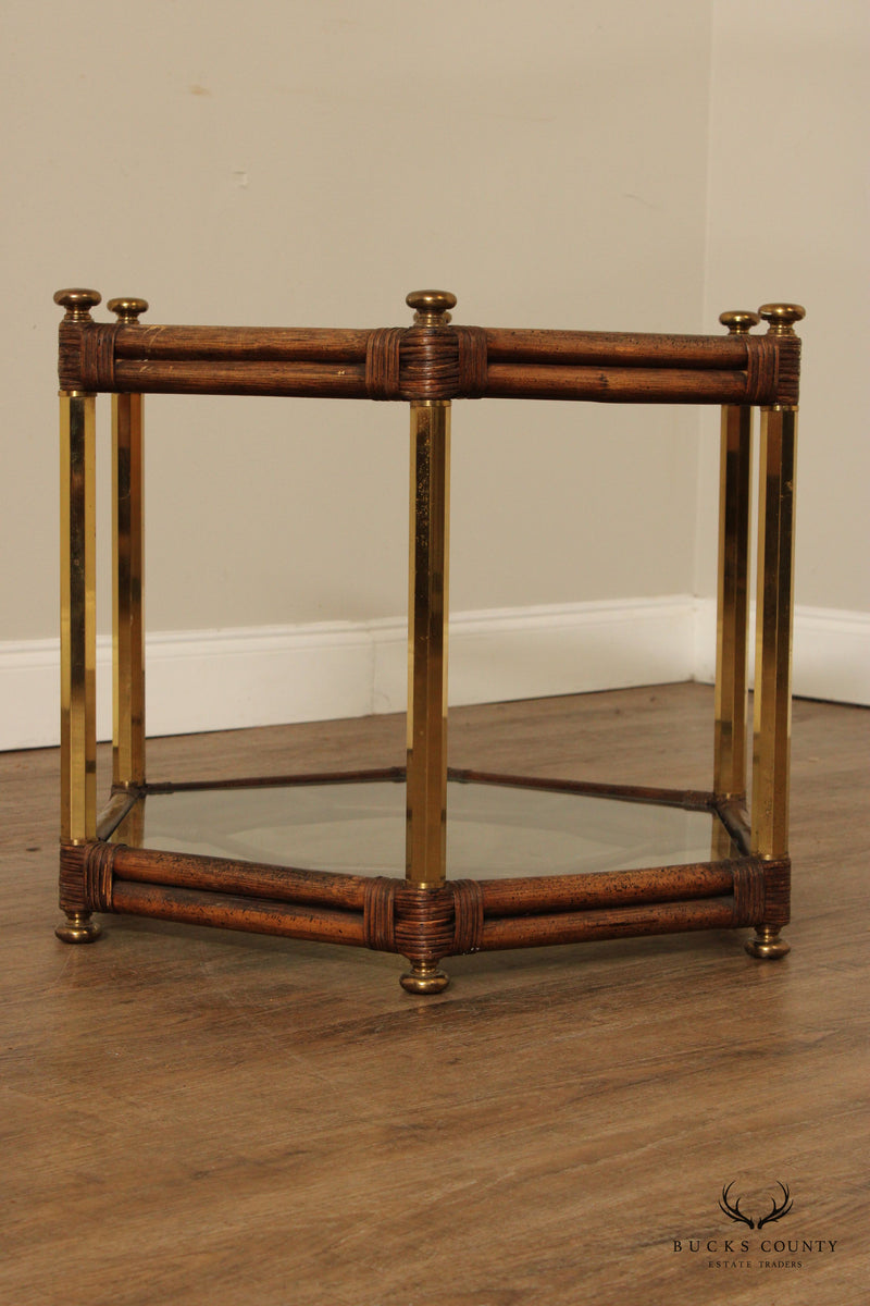 Hollywood Regency Vintage Two-Tier Glass Top Bamboo Side Table