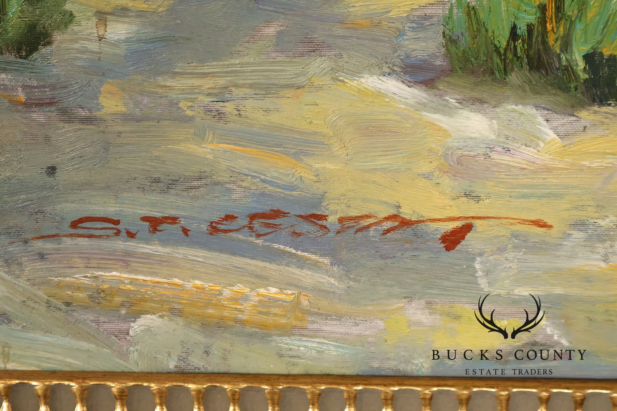 Western Cowboy on Horse Oil Painting on Canvas 55" x 43" Signed 'S. T. Cesent' in Gold Gilt Frame