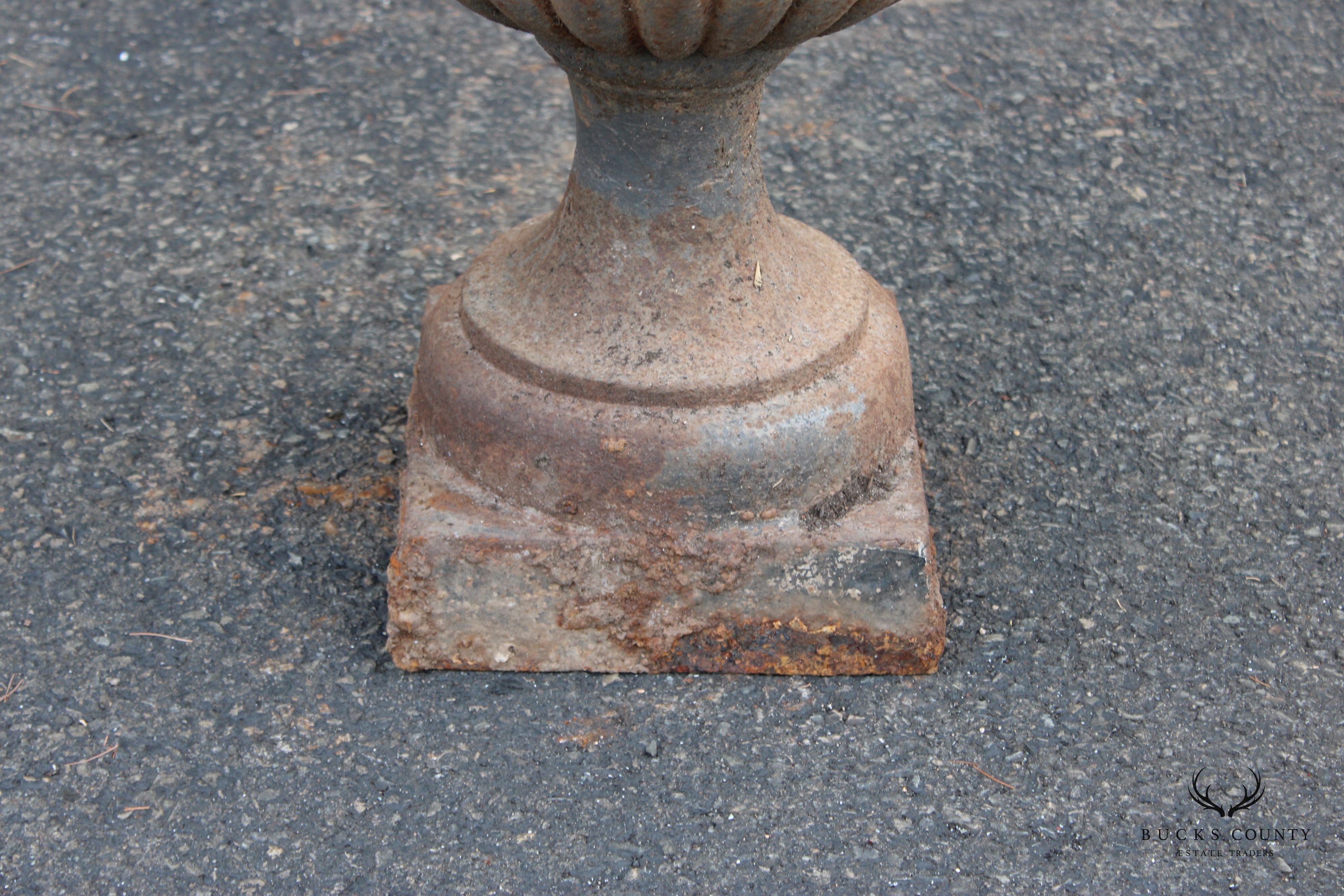 French Style Vintage Pair of Cast Iron Garden Urns