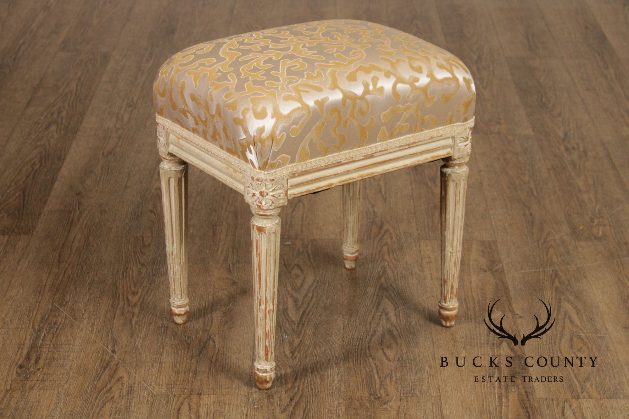French Louis XVI Style Vintage Pair Painted Stools With Upholstered Seats