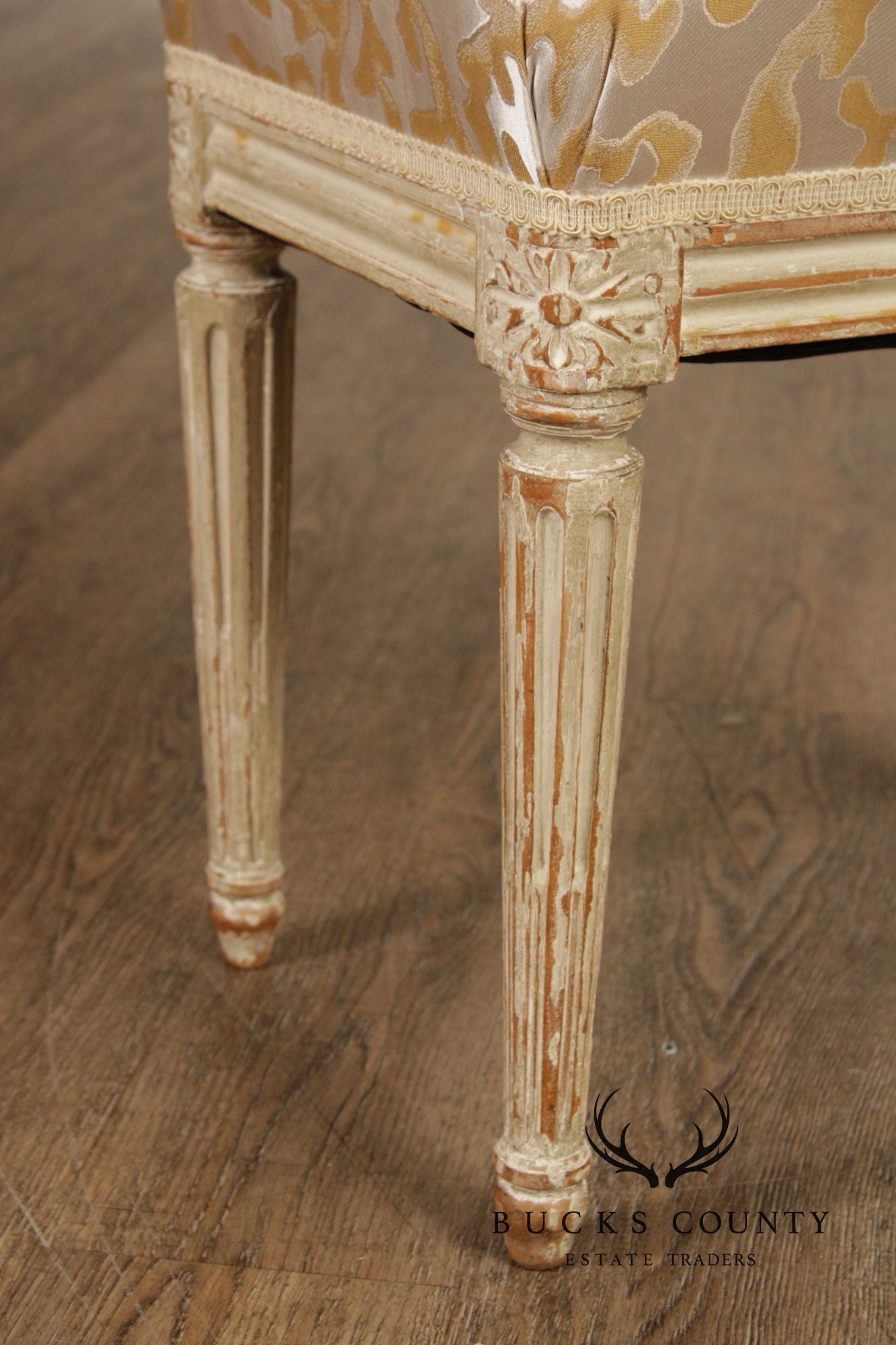 French Louis XVI Style Vintage Pair Painted Stools With Upholstered Seats