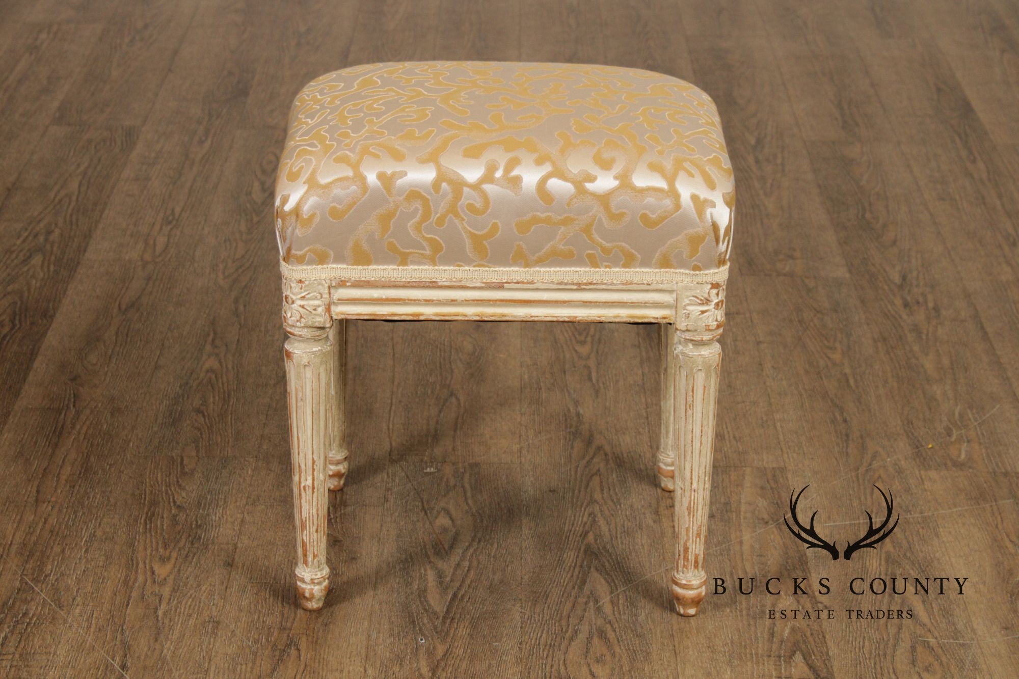 French Louis XVI Style Vintage Pair Painted Stools With Upholstered Seats
