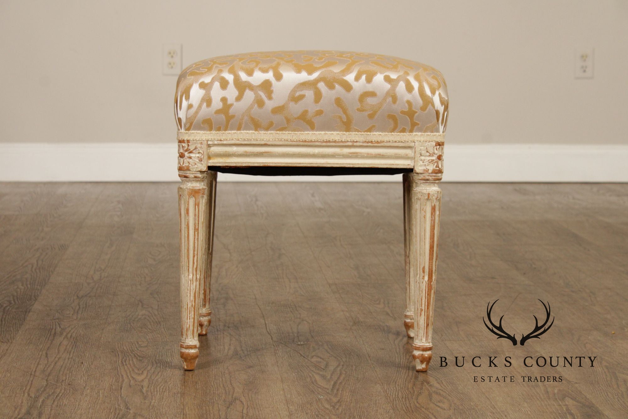 French Louis XVI Style Vintage Pair Painted Stools With Upholstered Seats