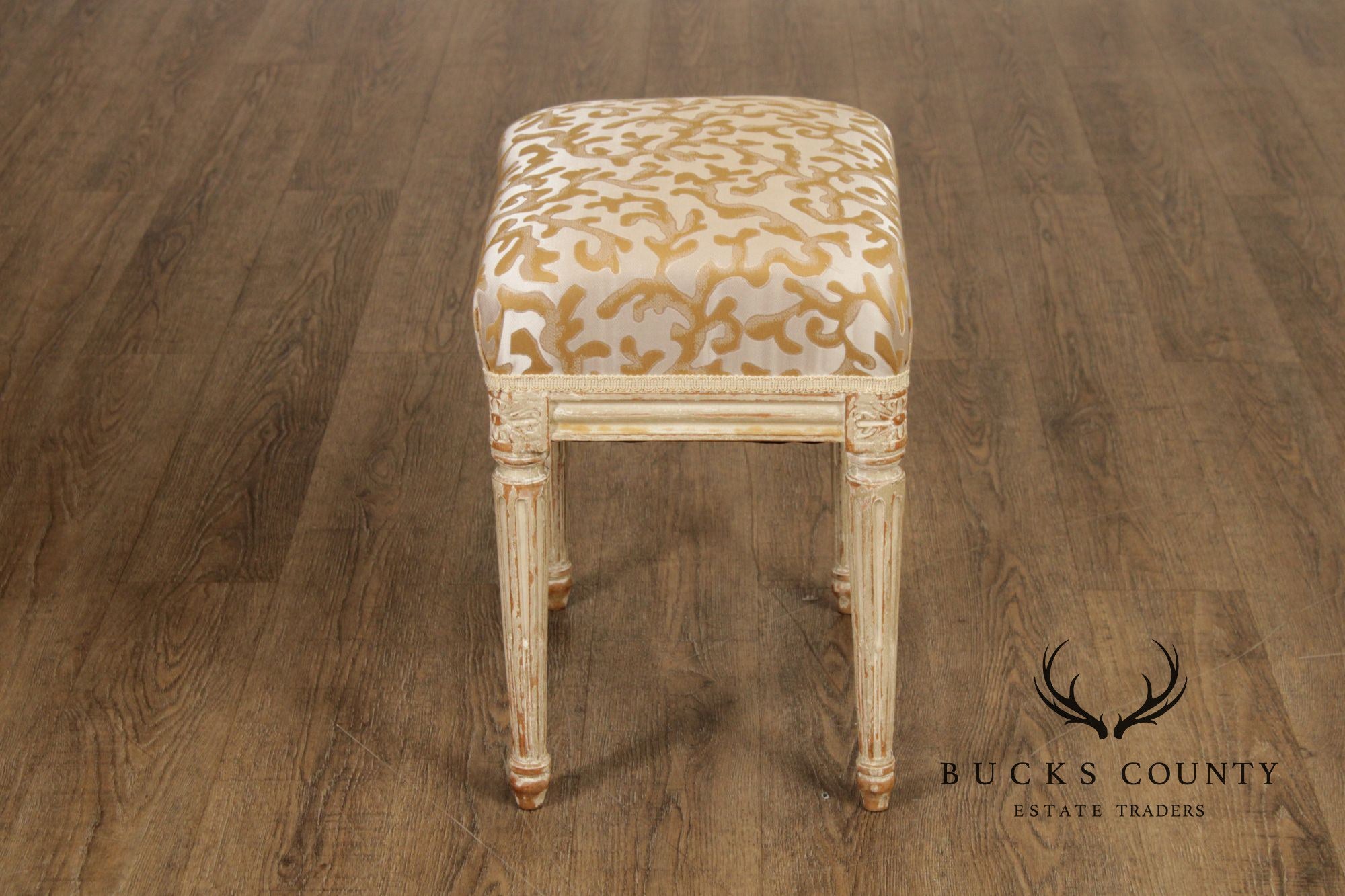 French Louis XVI Style Vintage Pair Painted Stools With Upholstered Seats