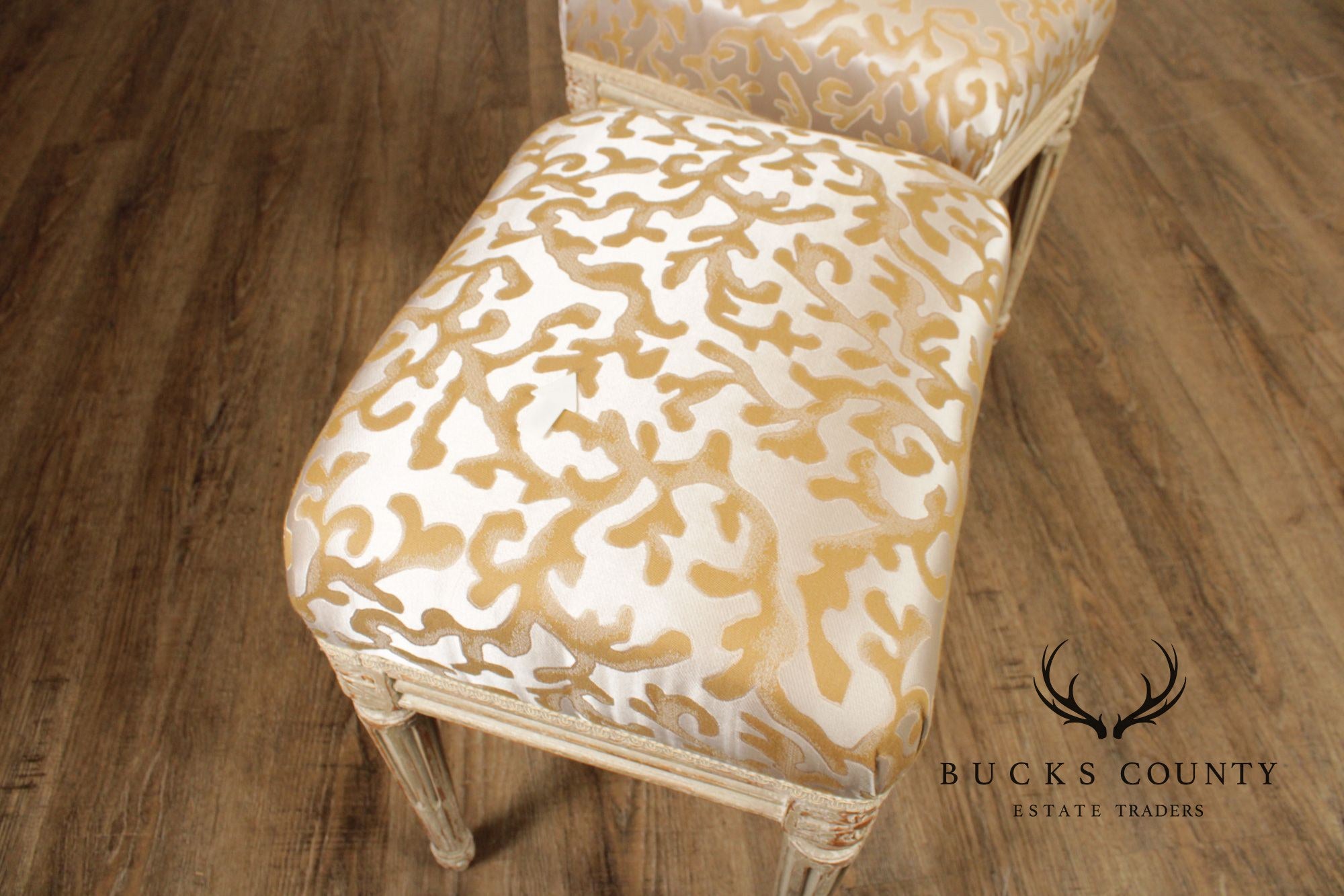 French Louis XVI Style Vintage Pair Painted Stools With Upholstered Seats