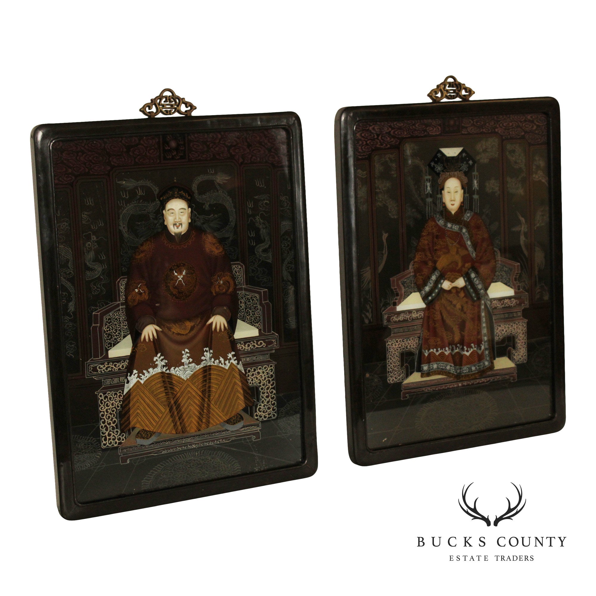 Chinese Pair of Reverse-Painted Glass Ancestral Portraits