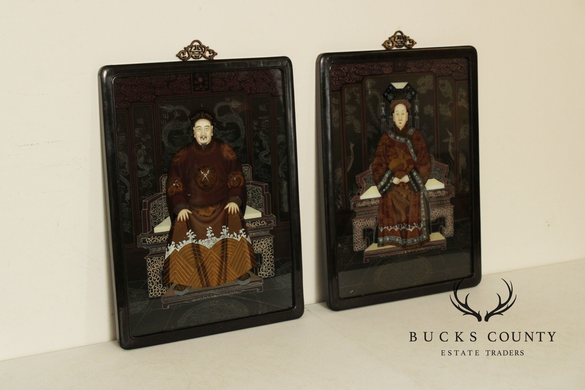 Chinese Pair of Reverse-Painted Glass Ancestral Portraits