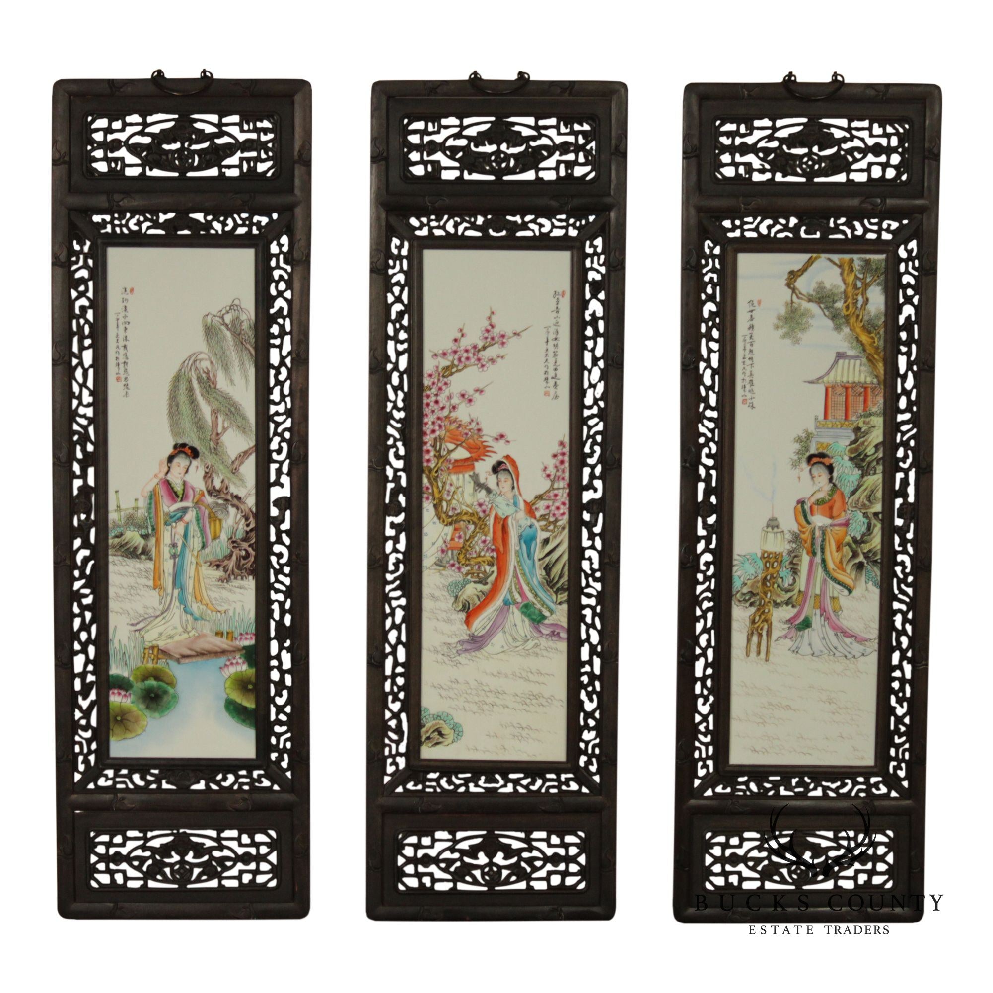 Vintage Chinese Set of Three Framed Porcelain Wall Plaques