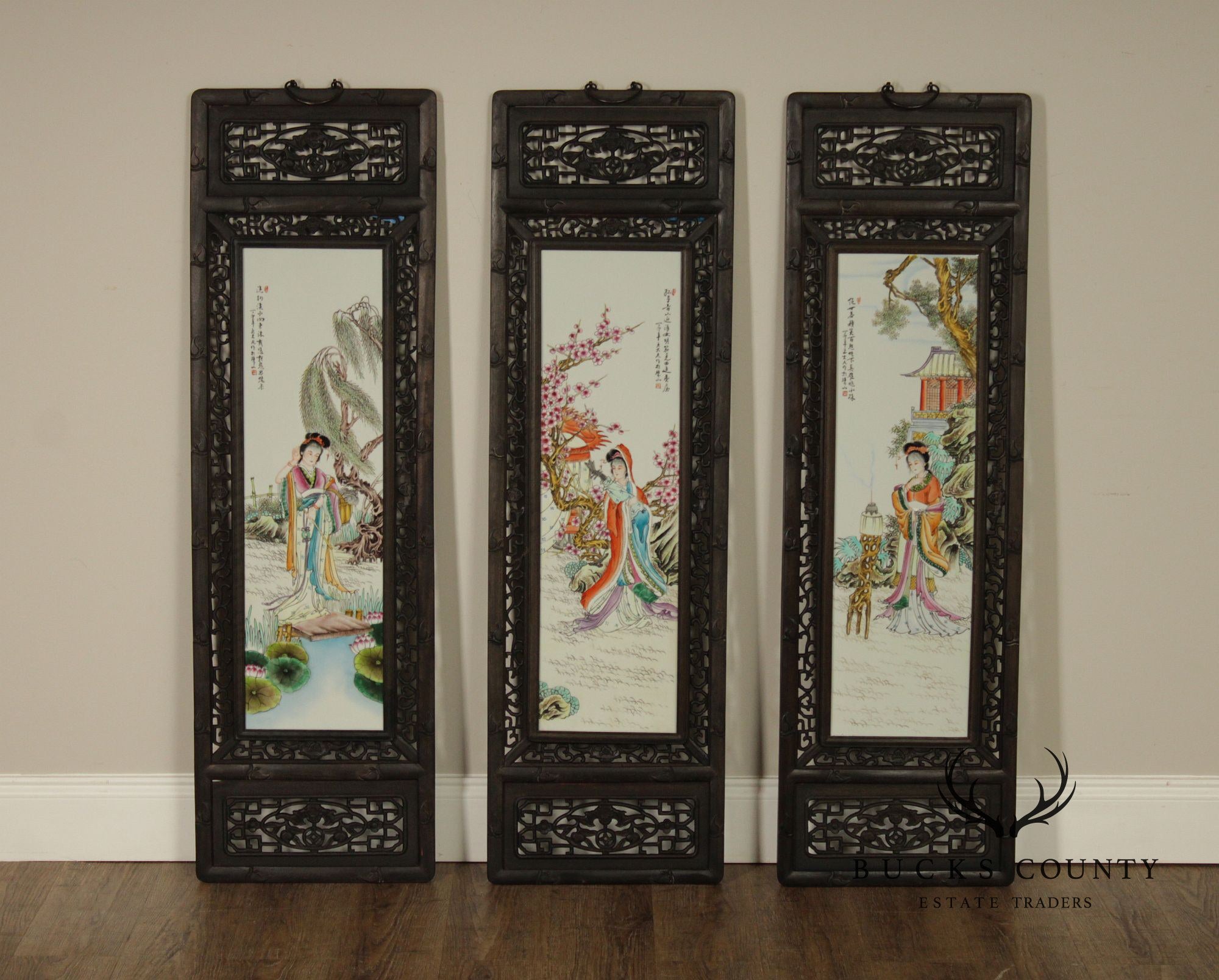 Vintage Chinese Set of Three Framed Porcelain Wall Plaques