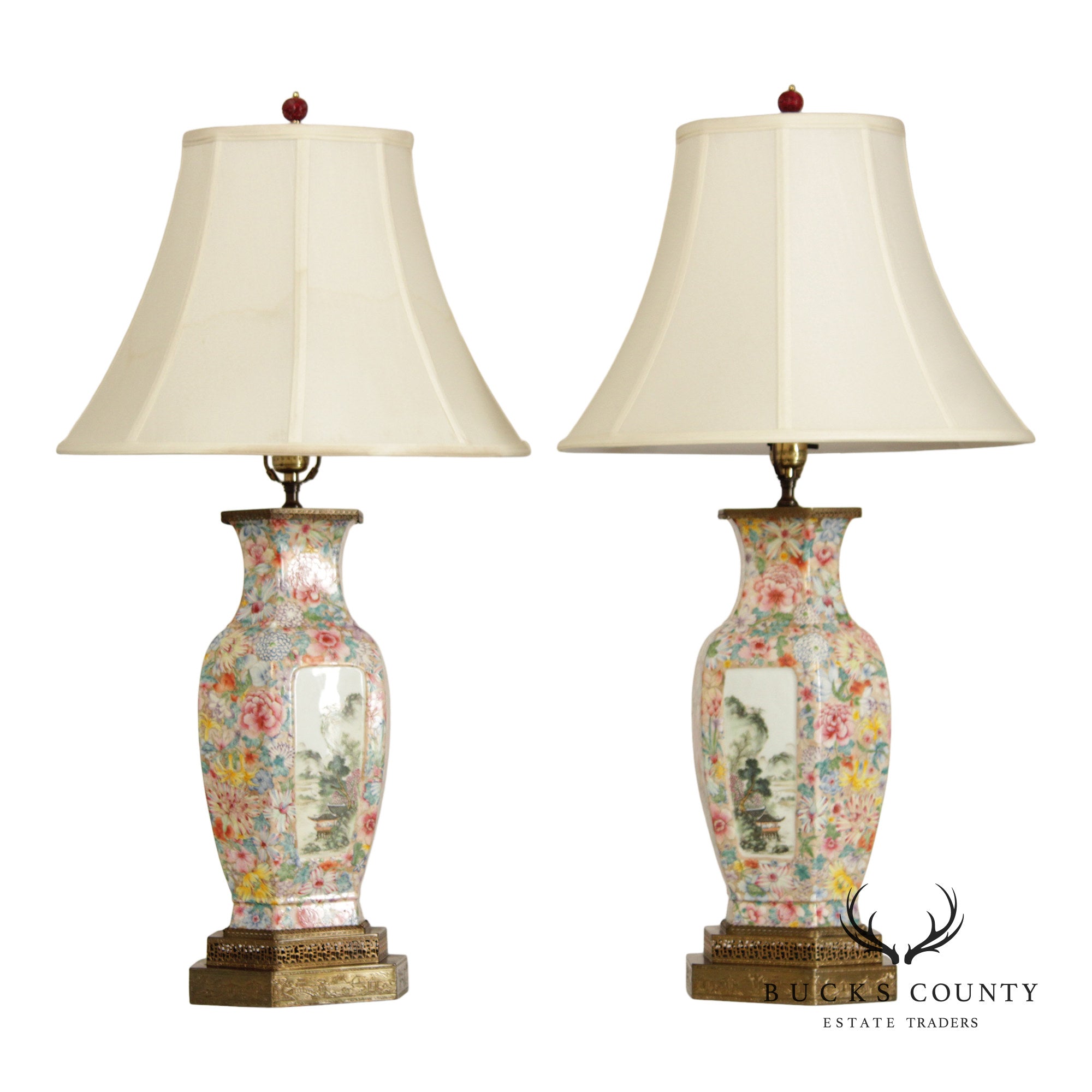 Chinese Pair of Famille Rose Porcelain Table Lamps