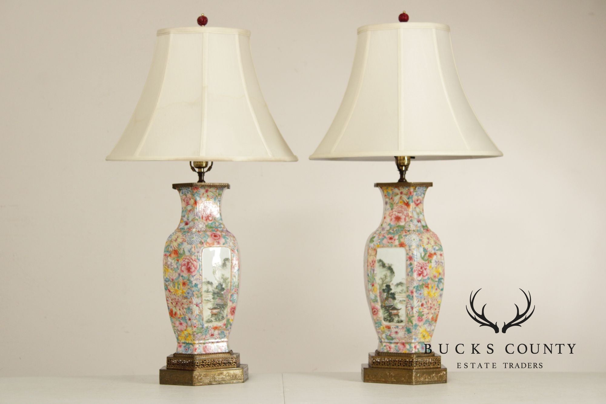 Chinese Pair of Famille Rose Porcelain Table Lamps