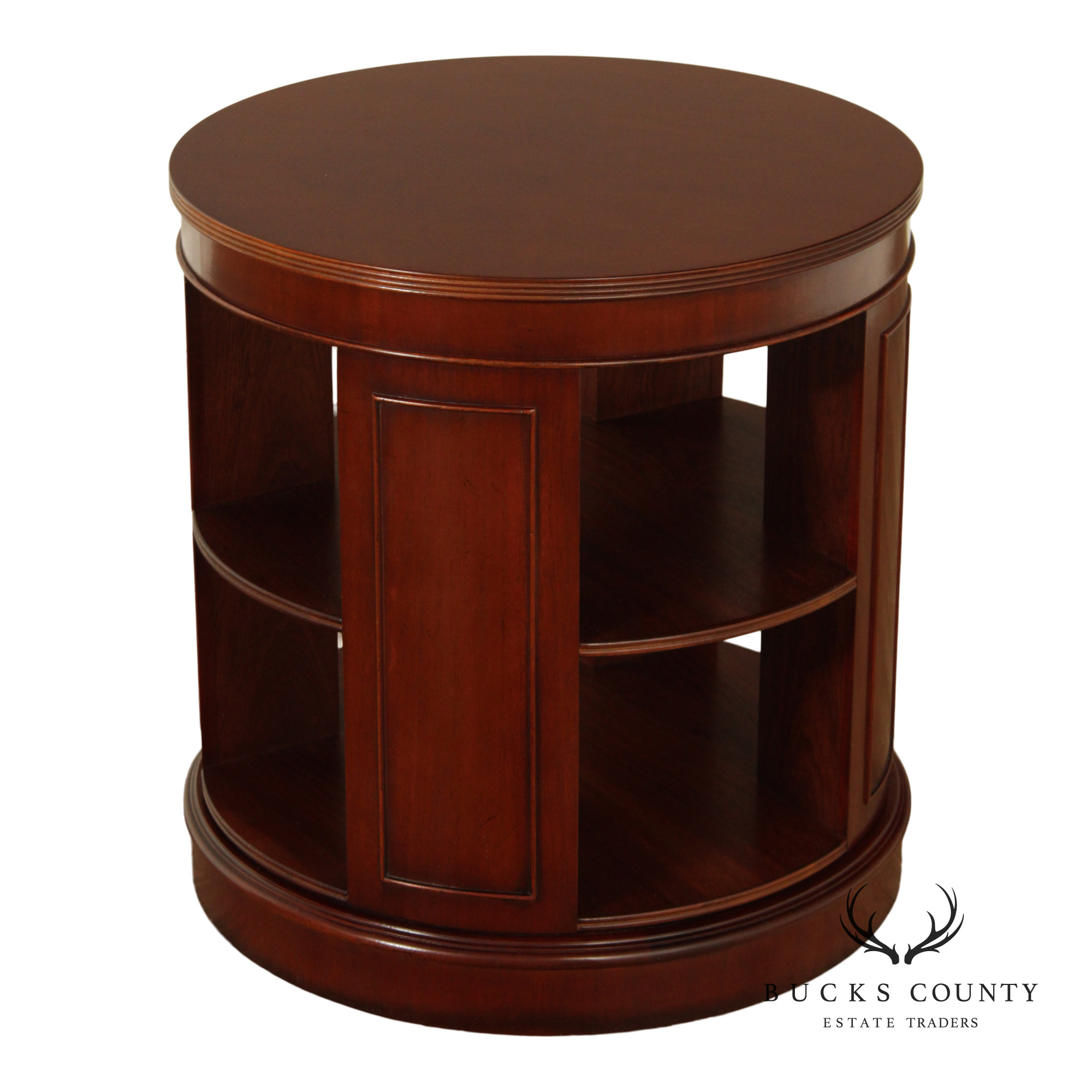 English Made Round Mahogany Drum Table With Open Bookshelf Storage