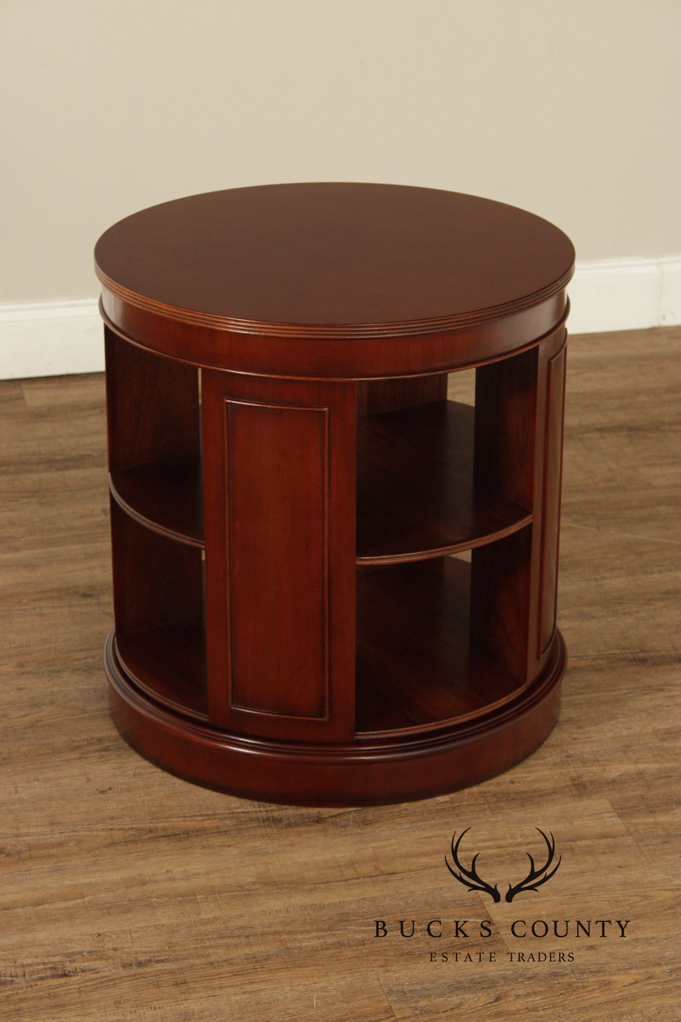 English Made Round Mahogany Drum Table With Open Bookshelf Storage