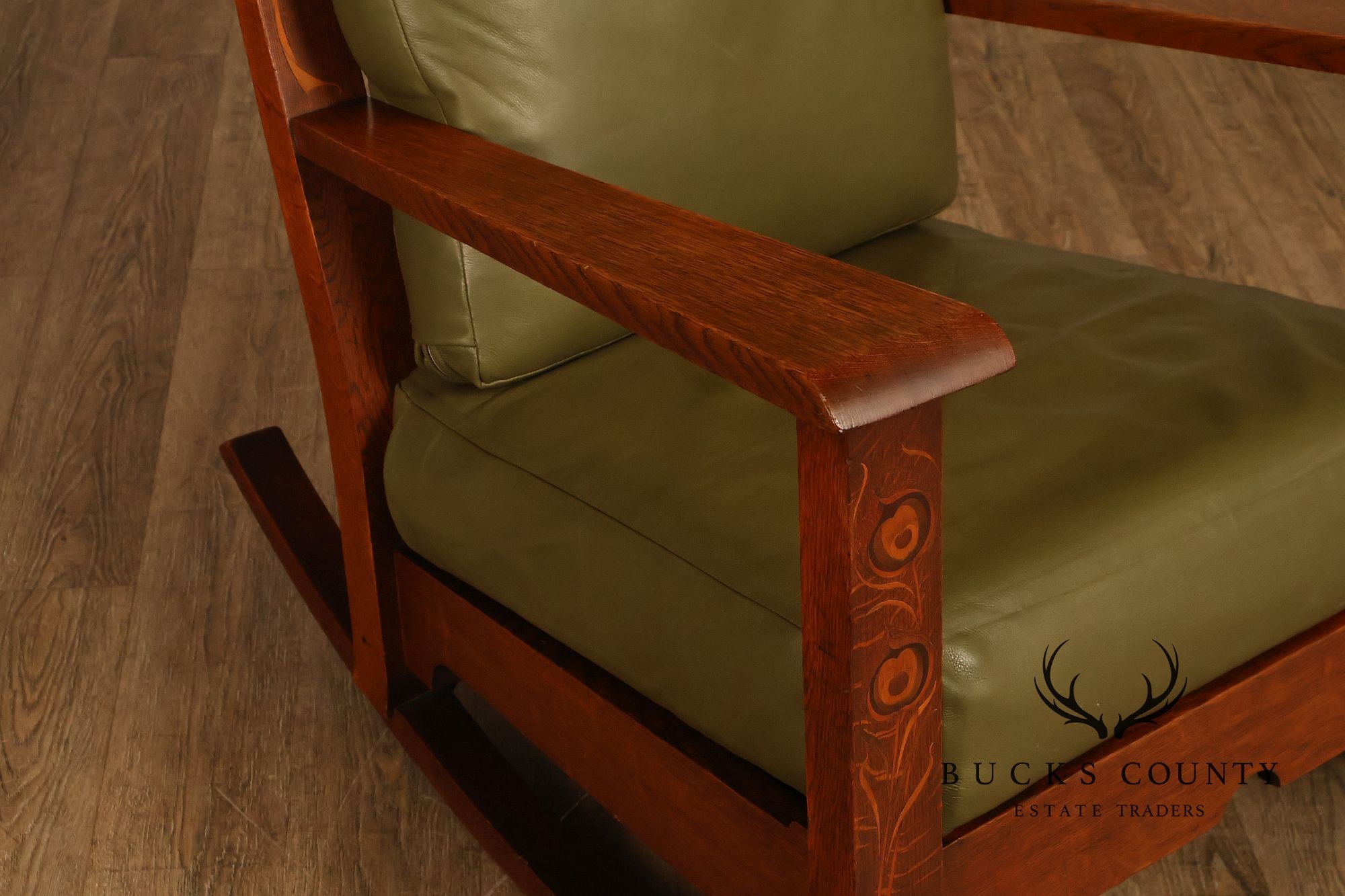 Early Rare Antique Stickley Brothers Arts And Crafts Inlaid Peacock Rocking Chair