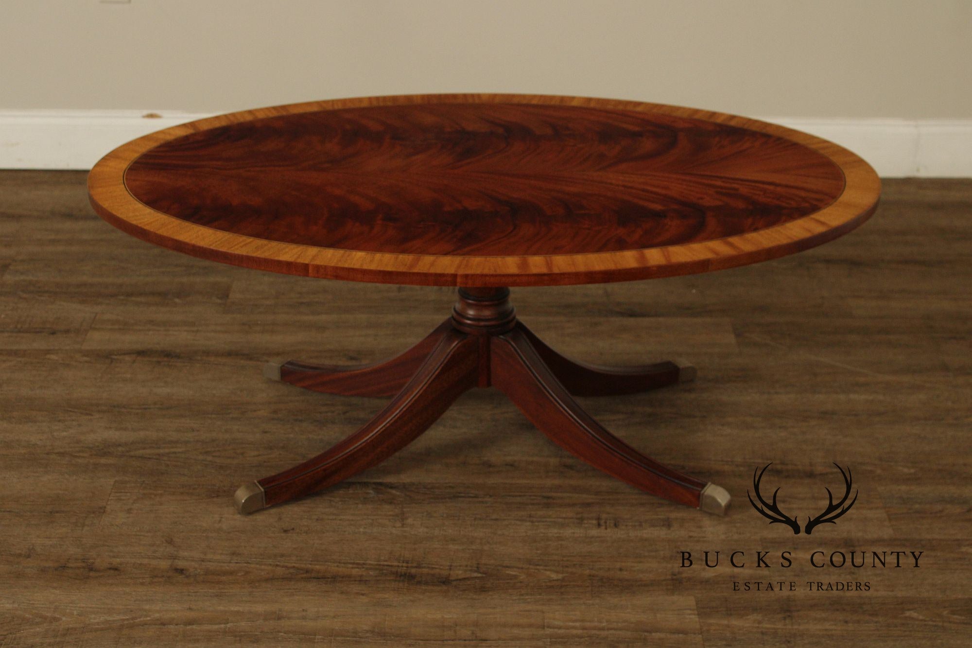 Ethan Allen Newport Inlaid Mahogany Oval Pedestal Coffee Table