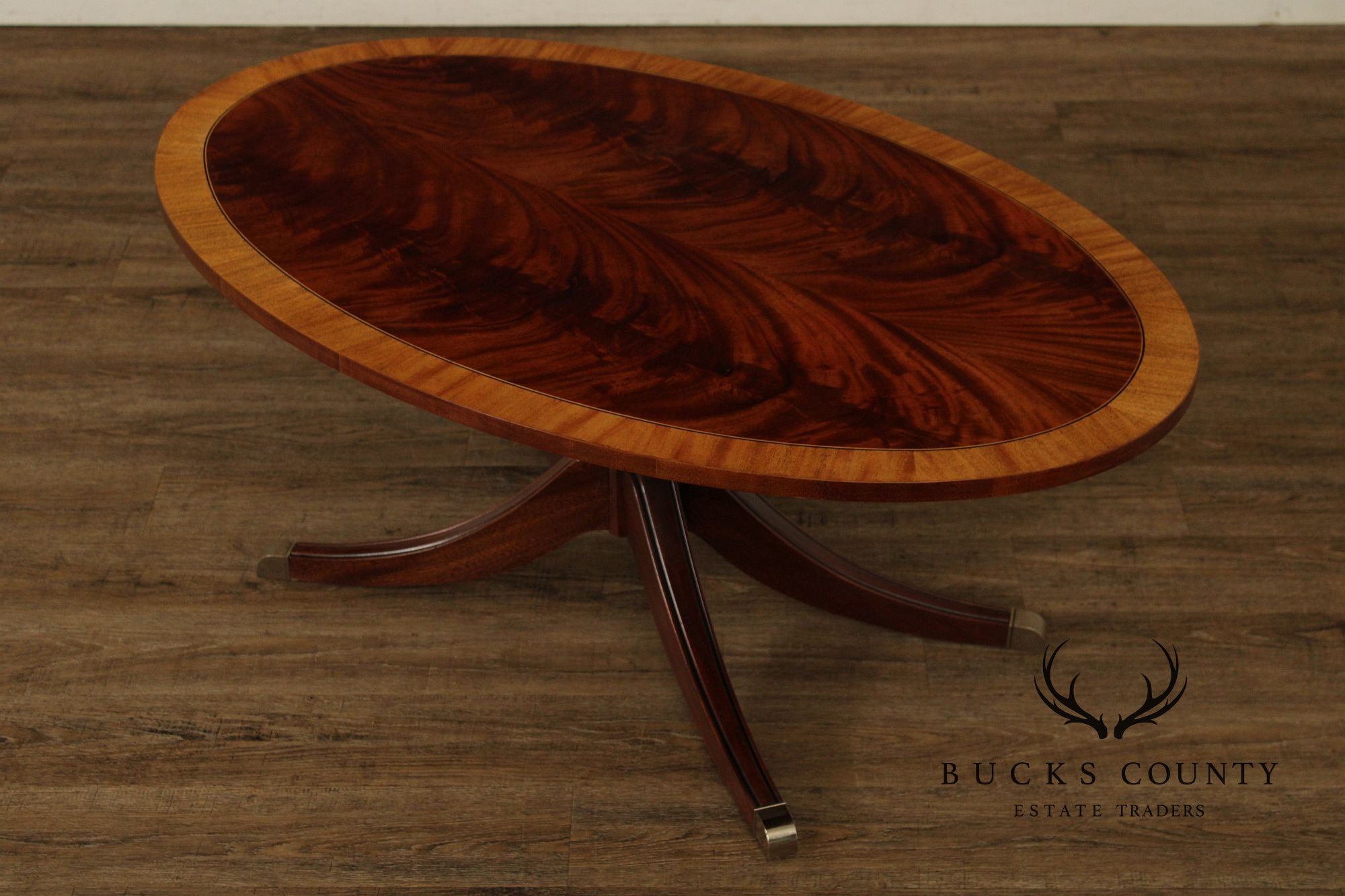 Ethan Allen Newport Inlaid Mahogany Oval Pedestal Coffee Table