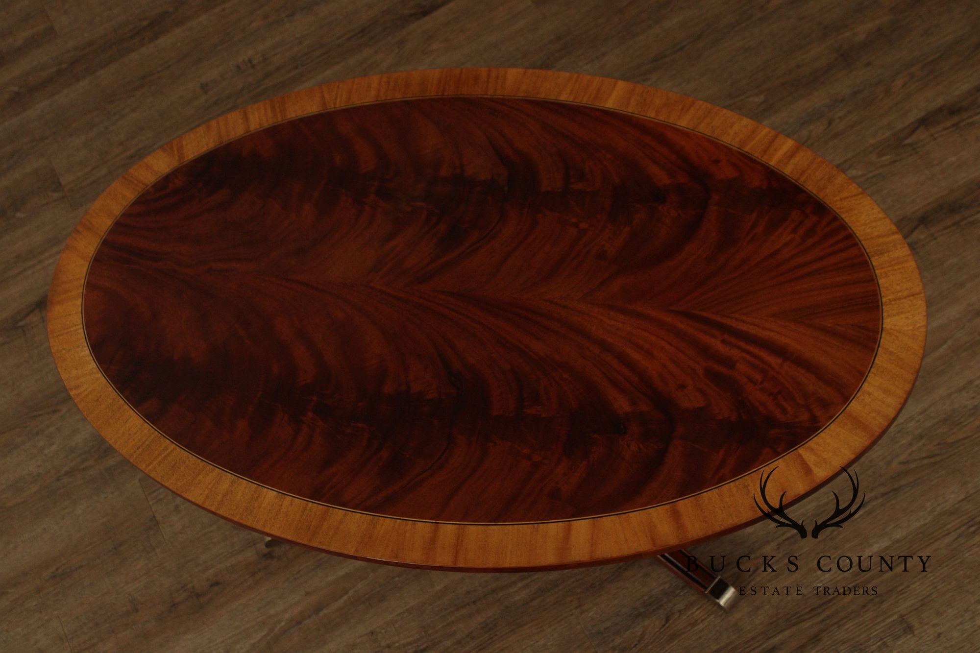 Ethan Allen Newport Inlaid Mahogany Oval Pedestal Coffee Table