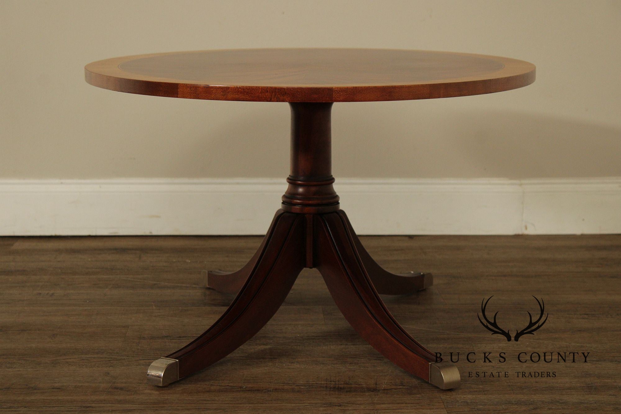 Ethan Allen Newport Inlaid Mahogany Oval Pedestal Coffee Table