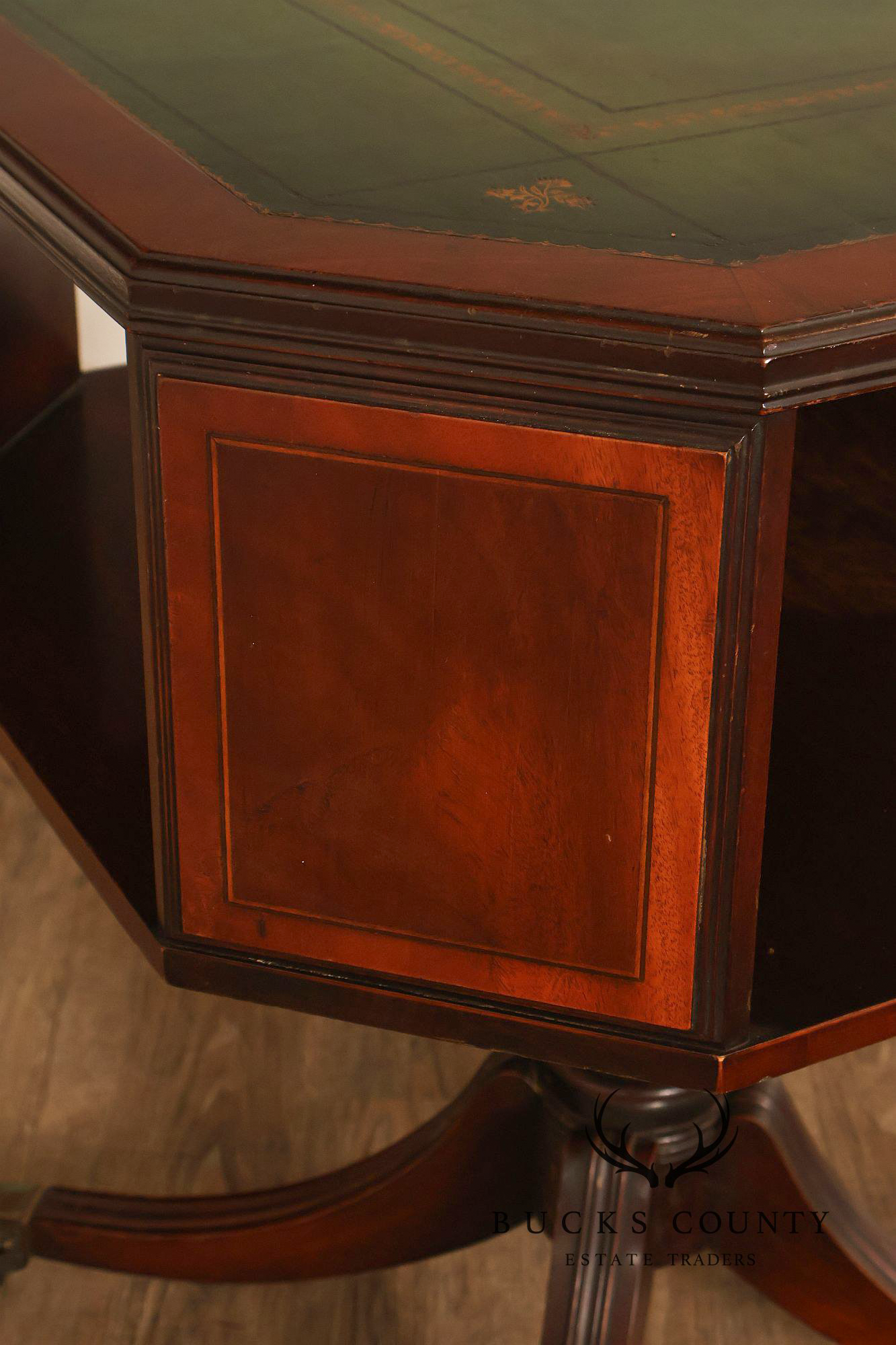 1940's Vintage Pair of Regency Style Mahogany Green Leather Top Pedestal Side Tables