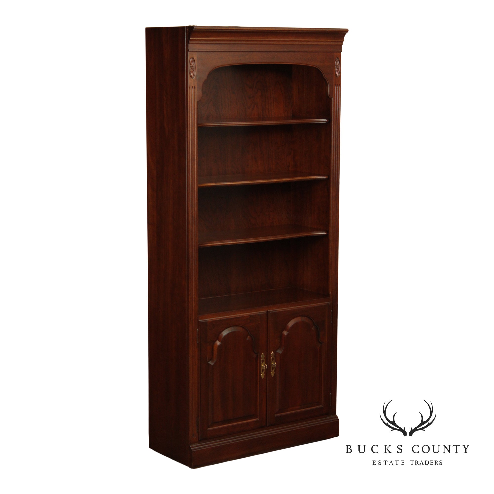 Ethan Allen Georgian Court Traditional Style Cherry Lighted Bookcase Cabinet With Cabinet Doors