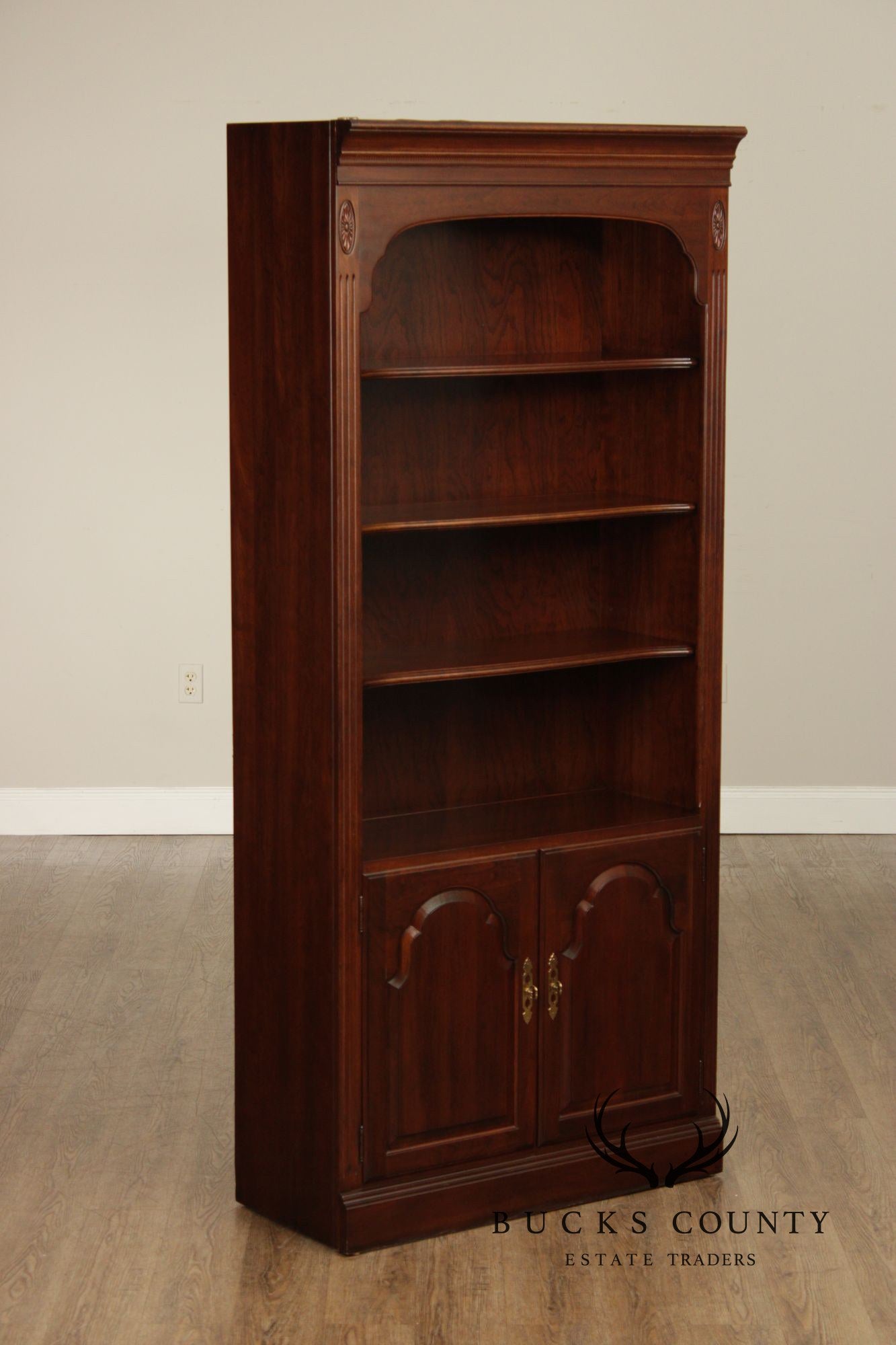 Ethan Allen Georgian Court Traditional Style Cherry Lighted Bookcase Cabinet With Cabinet Doors