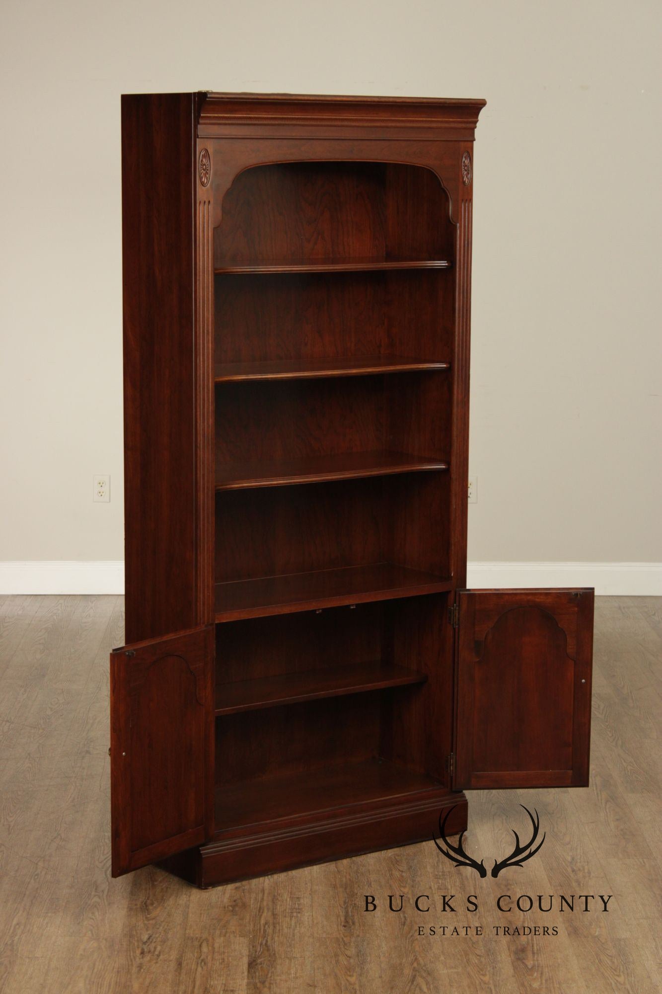 Ethan Allen Georgian Court Traditional Style Cherry Lighted Bookcase Cabinet With Cabinet Doors