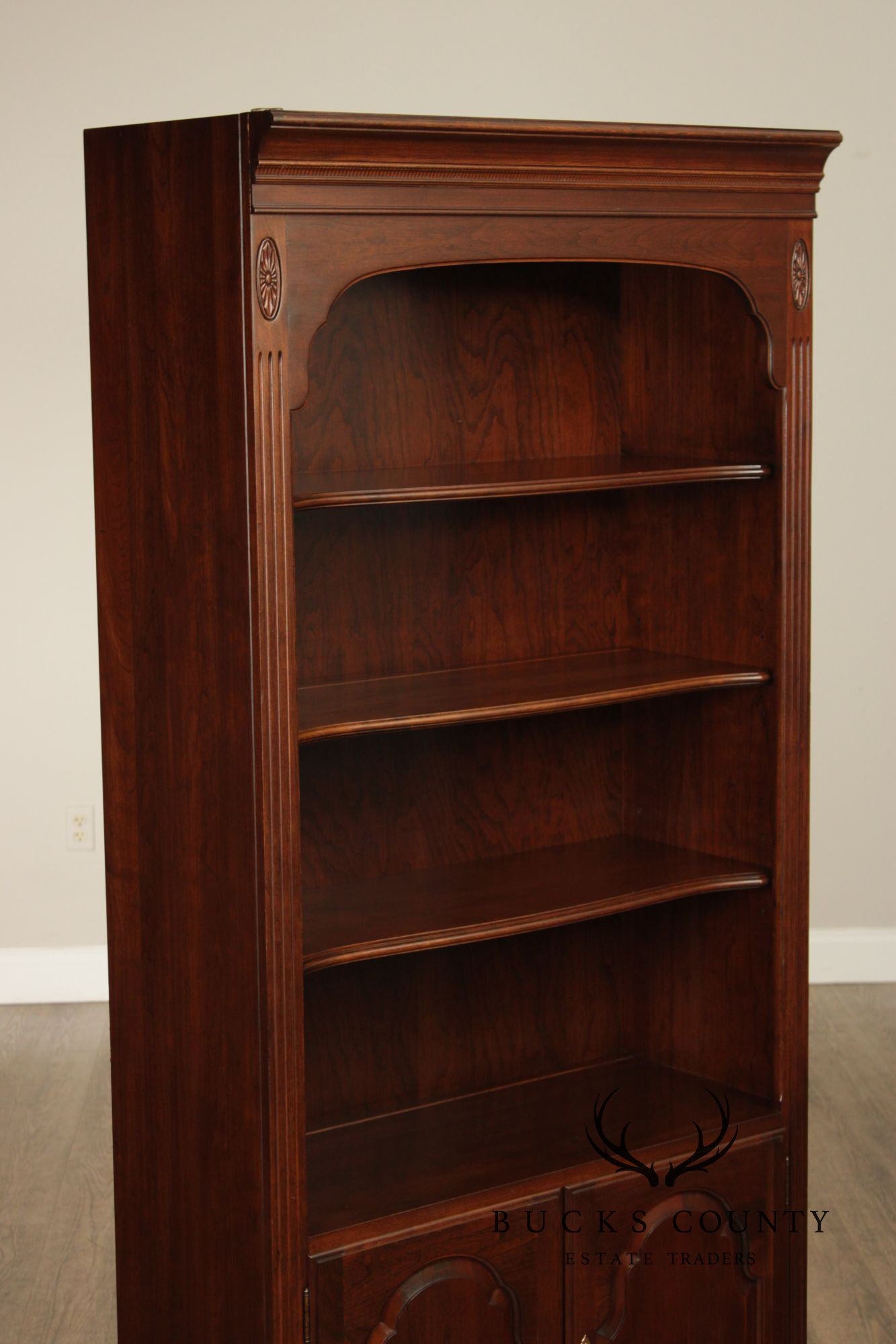 Ethan Allen Georgian Court Traditional Style Cherry Lighted Bookcase Cabinet With Cabinet Doors