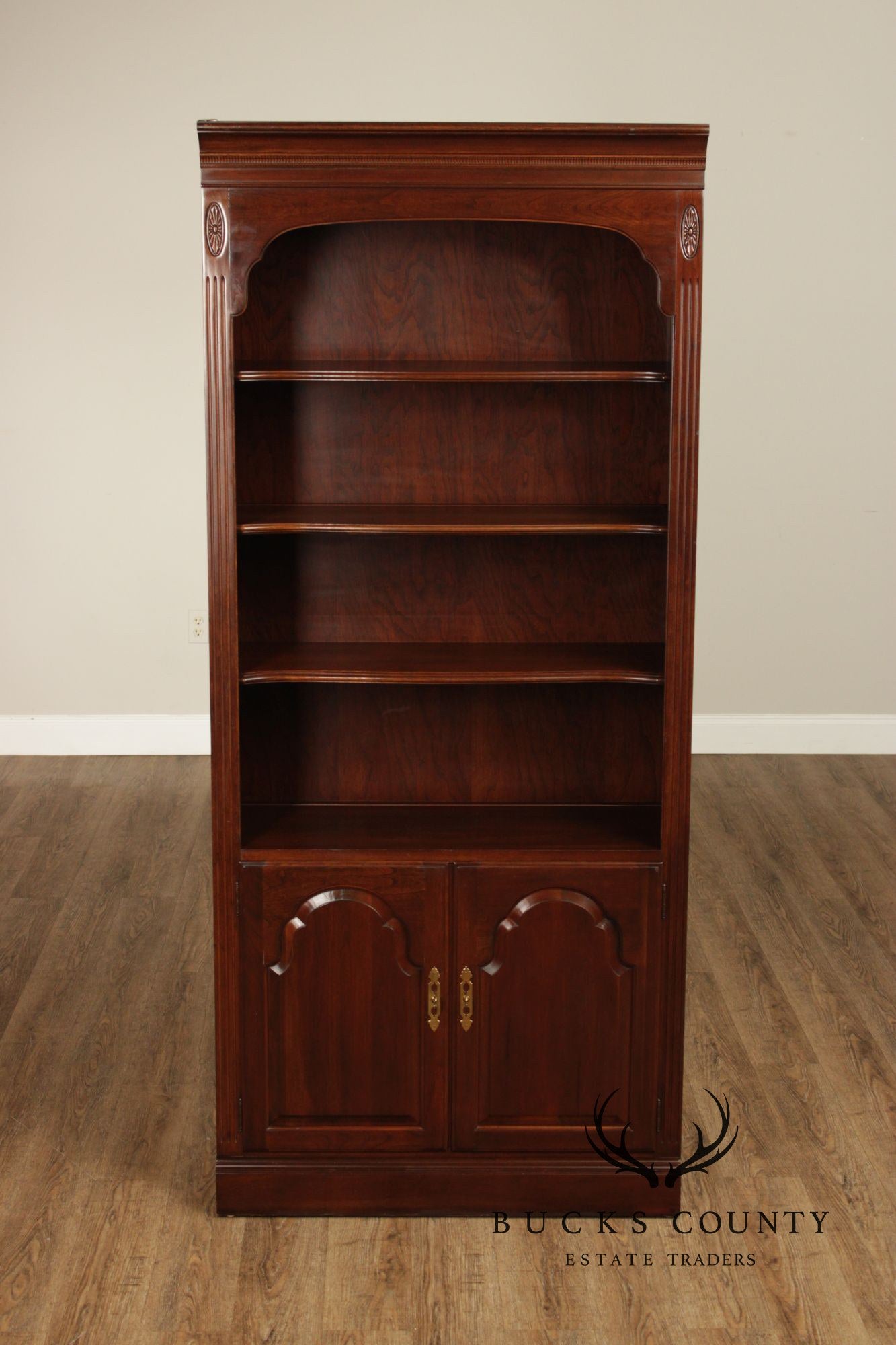 Ethan Allen Georgian Court Traditional Style Cherry Lighted Bookcase Cabinet With Cabinet Doors