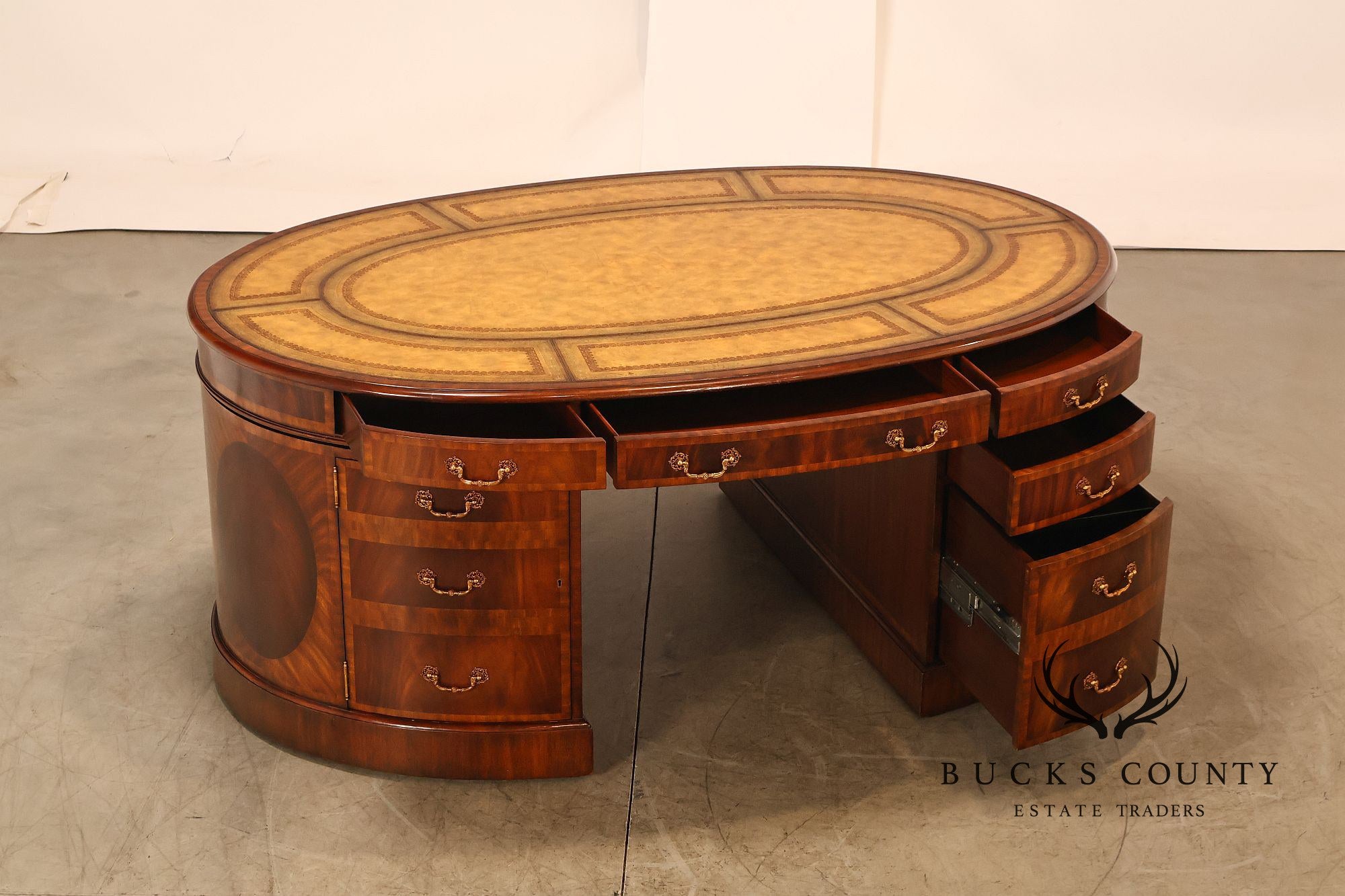 Maitland Smith Oval Mahogany Leather Top Executive Partner's Desk