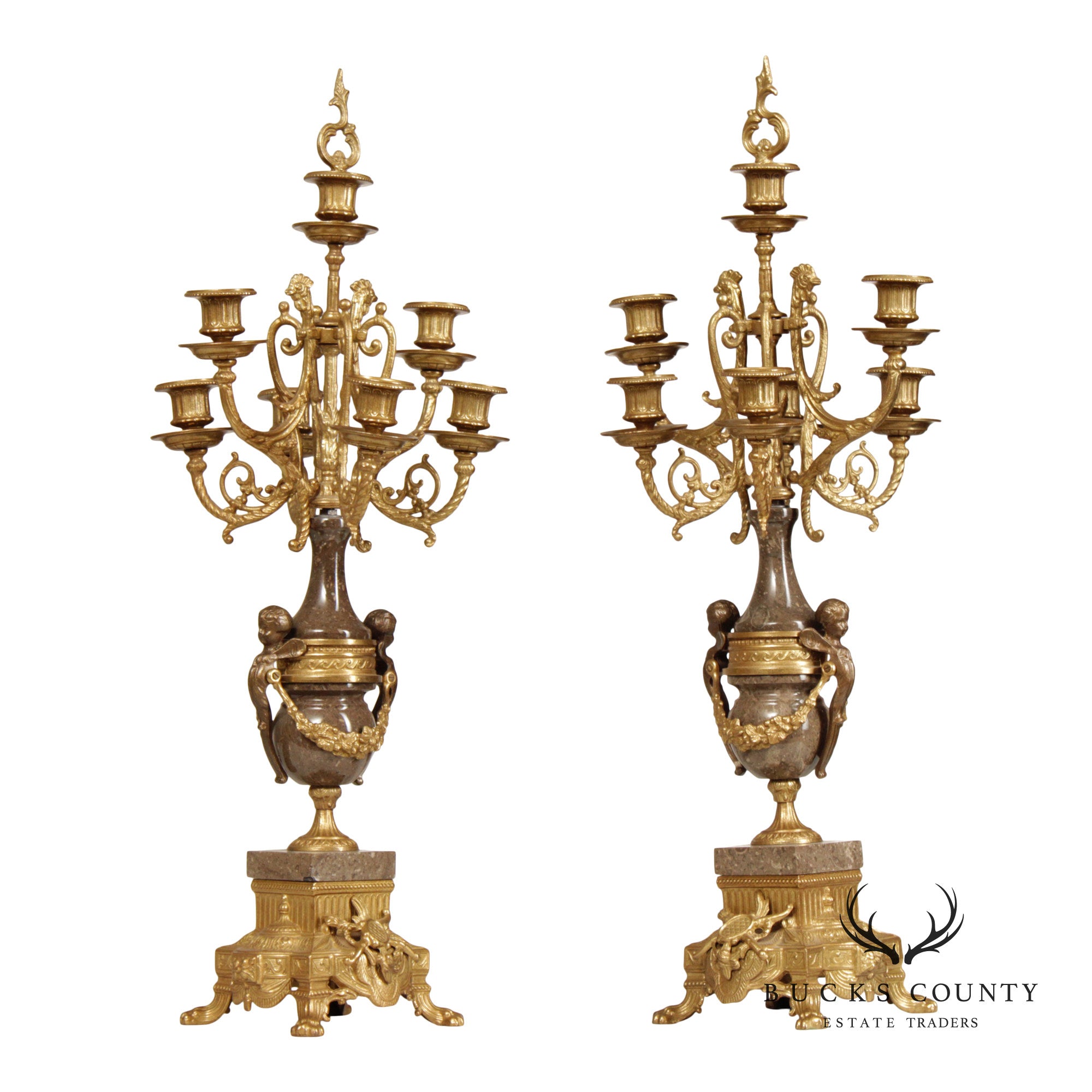 Brevettato Italian Pair of Marble and Gilt Bronze Candelabra