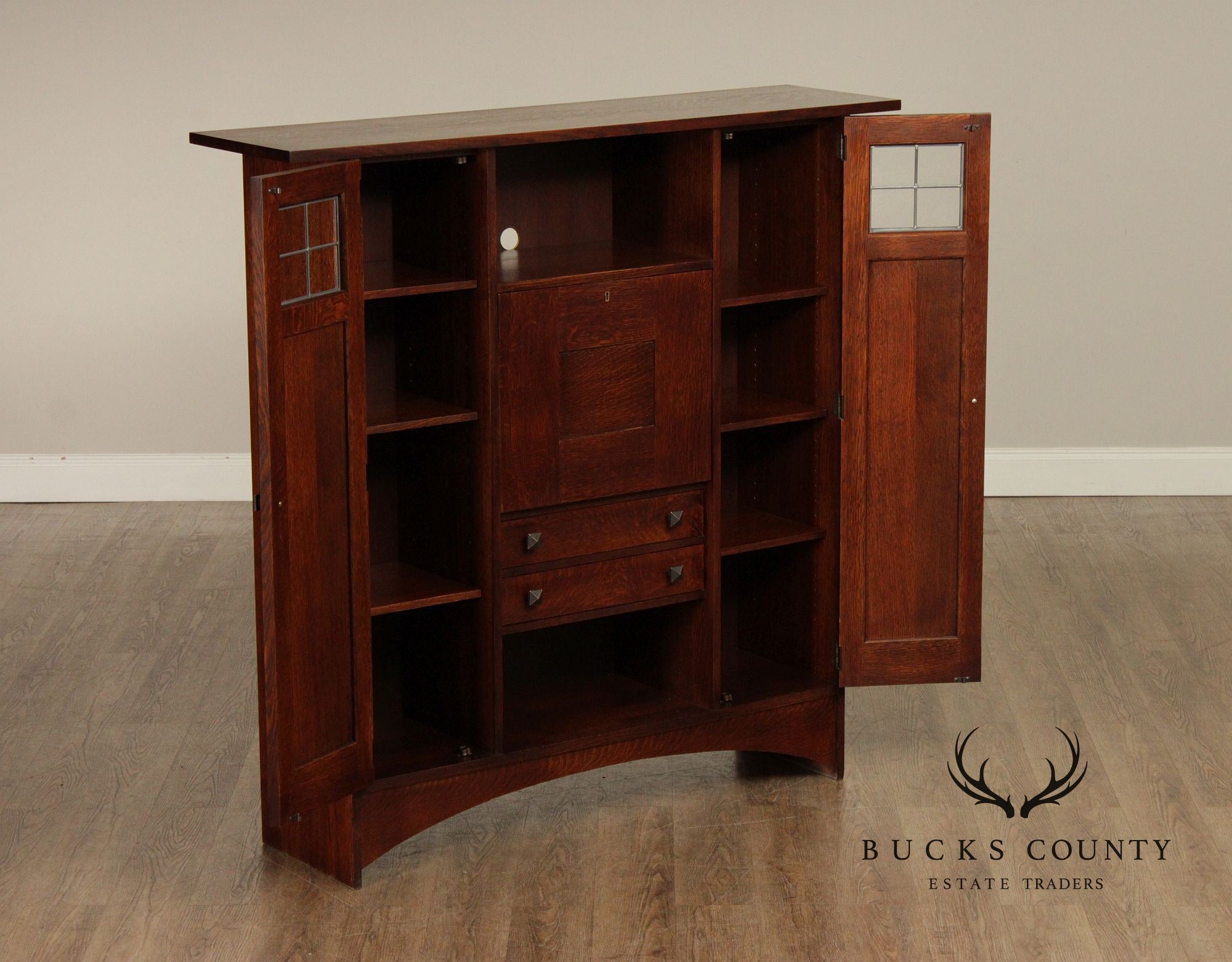 Stickley Harvey Ellis Collection Mission Oak Fall-Front Bookcase With Wood Doors