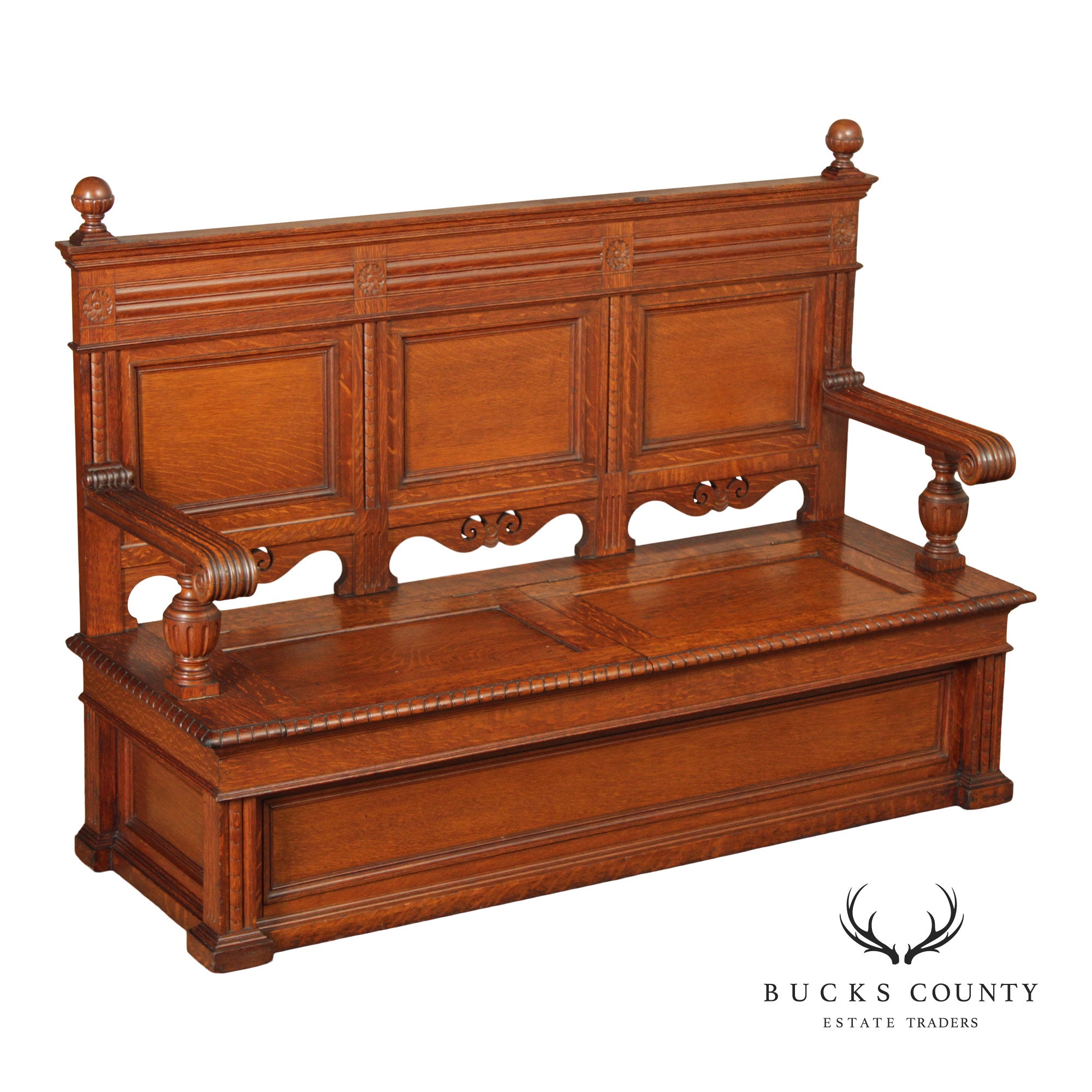 Antique Victorian Gothic Revival Carved Oak Monks Bench With Lift Seat Storage