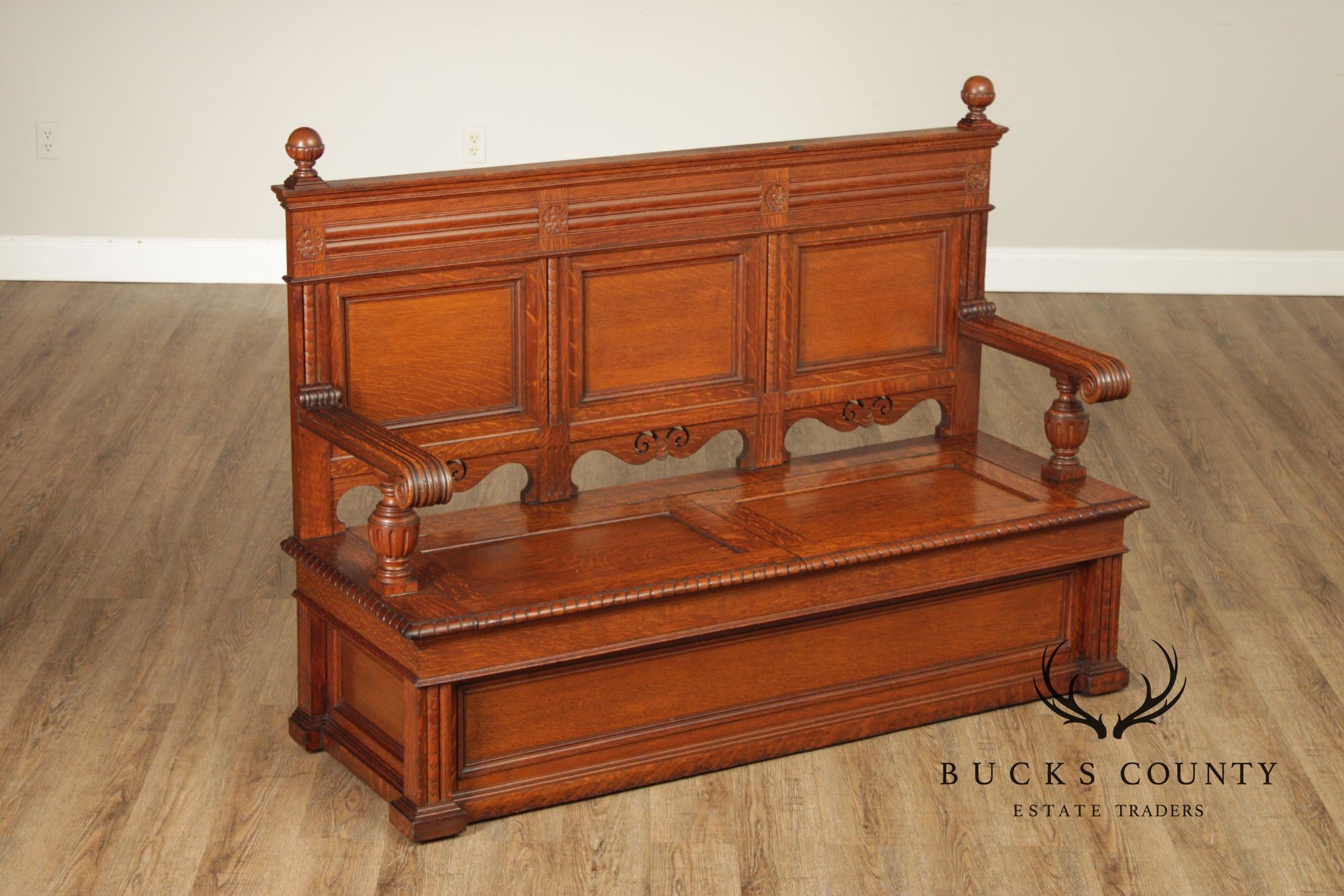 Antique Victorian Gothic Revival Carved Oak Monks Bench With Lift Seat Storage