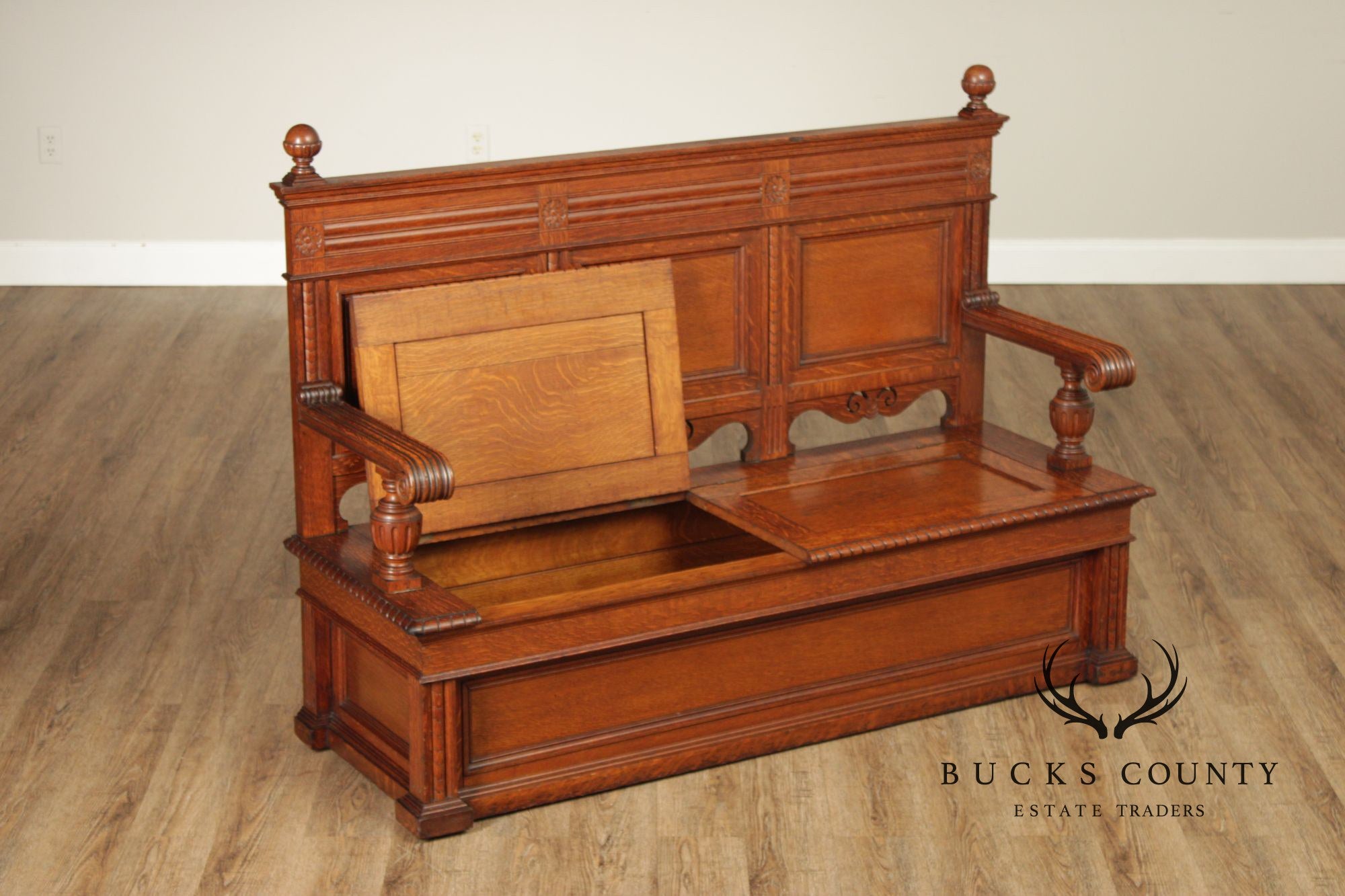 Antique Victorian Gothic Revival Carved Oak Monks Bench With Lift Seat Storage