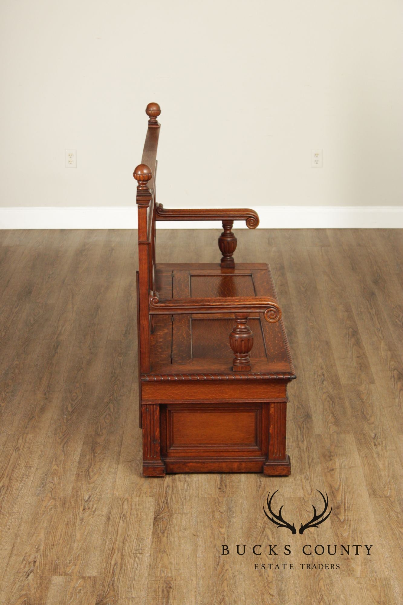 Antique Victorian Gothic Revival Carved Oak Monks Bench With Lift Seat Storage