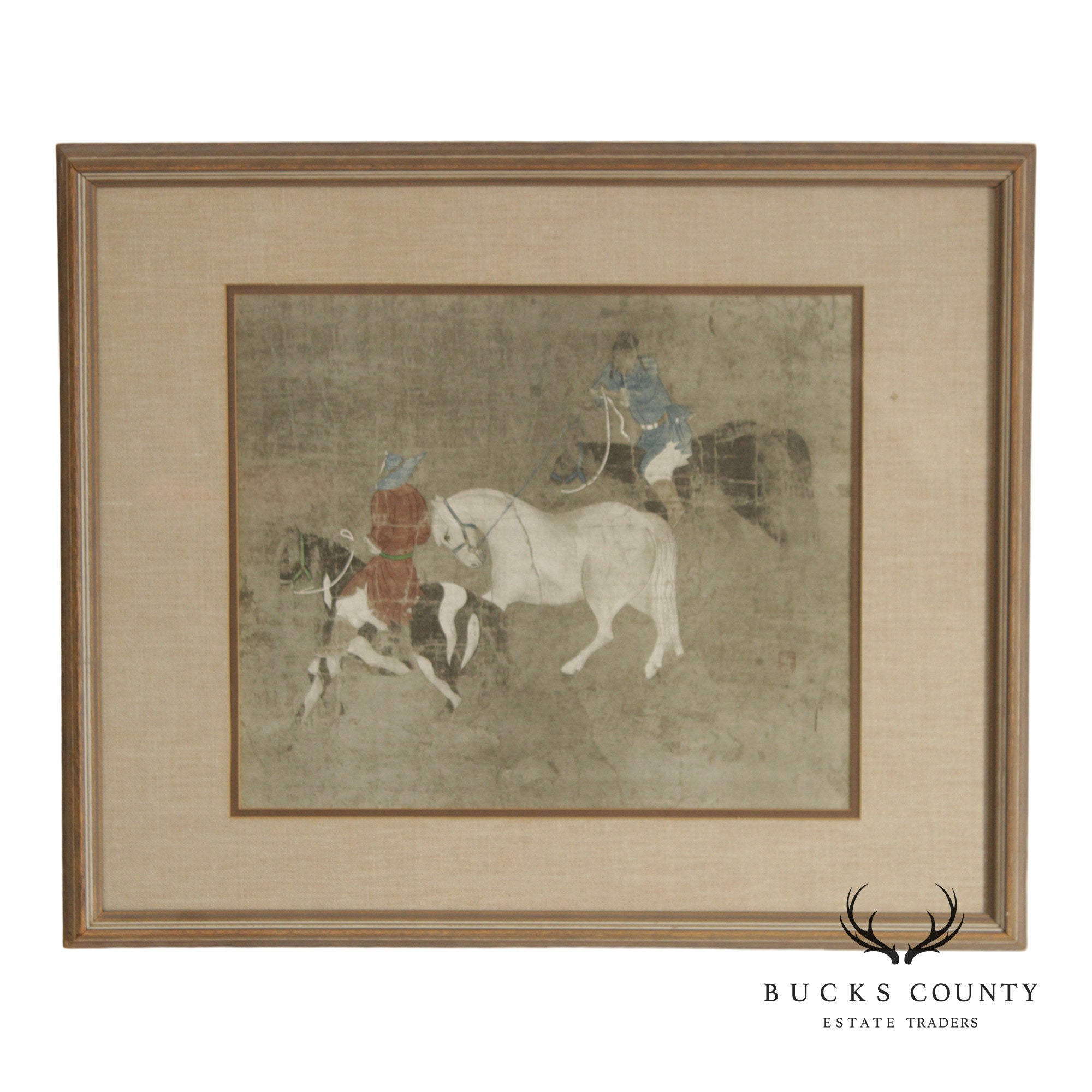 Vintage Chinese Print, 'Riders Leading a White Horse'