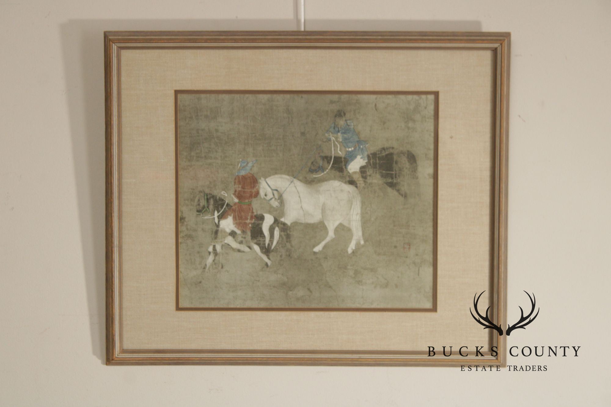 Vintage Chinese Print, 'Riders Leading a White Horse'