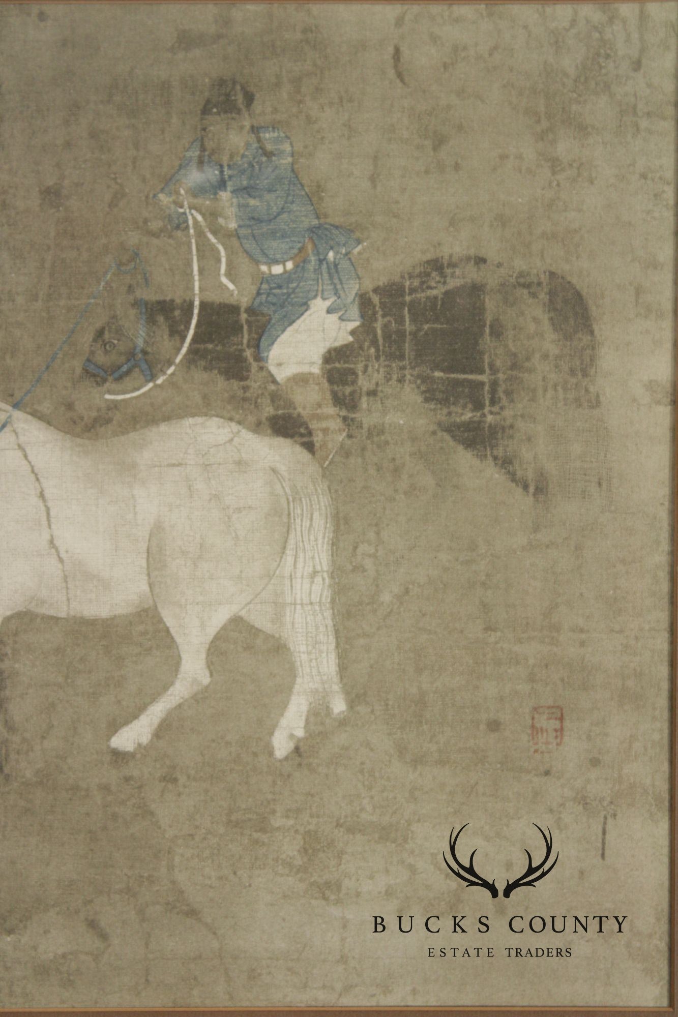 Vintage Chinese Print, 'Riders Leading a White Horse'
