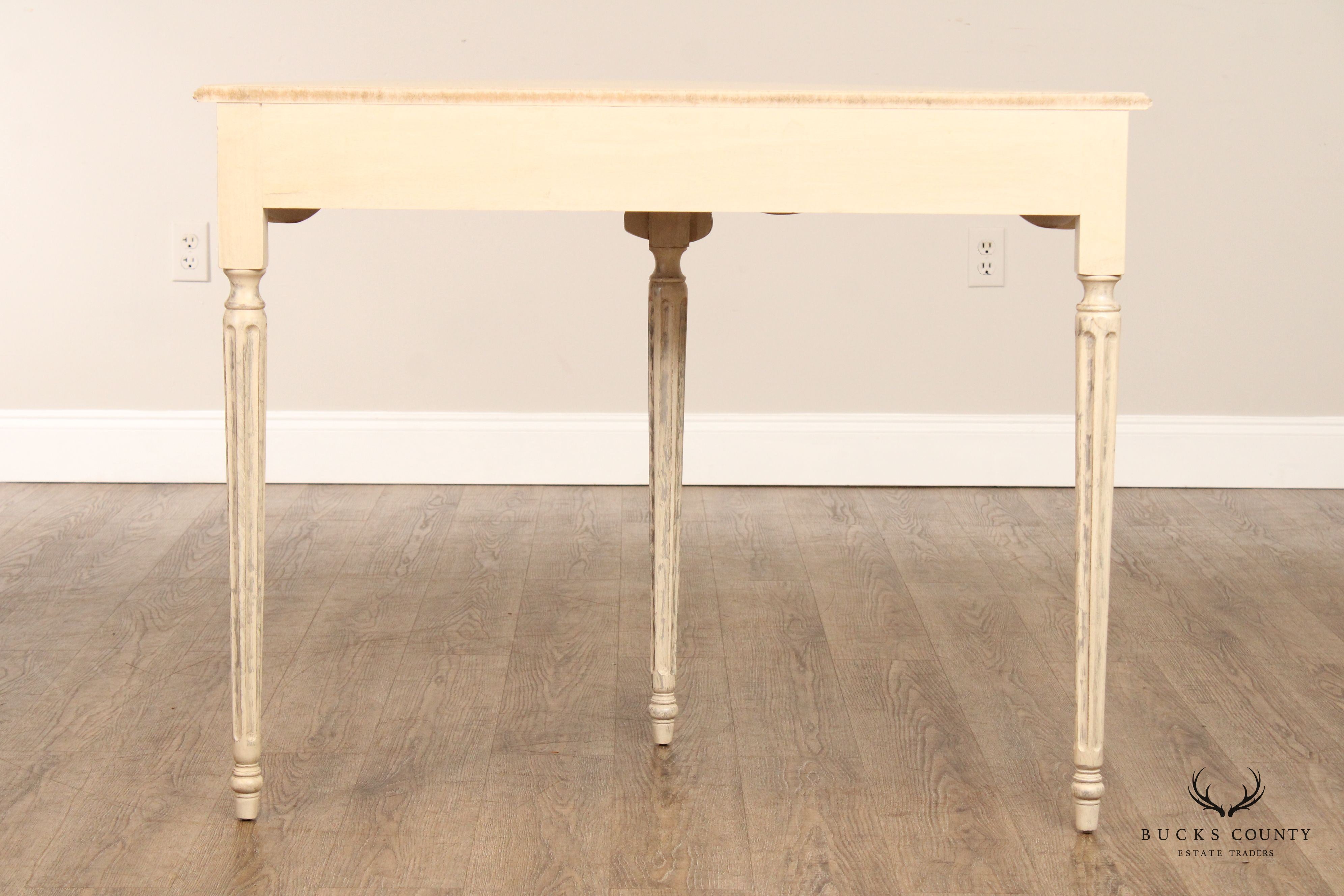 Gustavian Style Pair of Carved and Distress Painted Demilune Console Tables