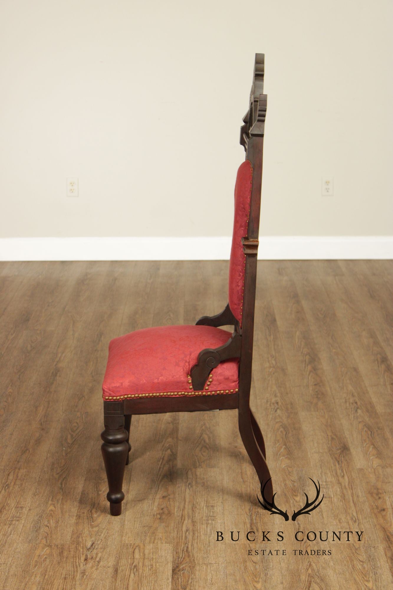 Antique American Gothic Revival Pair of Carved Walnut Side Chairs