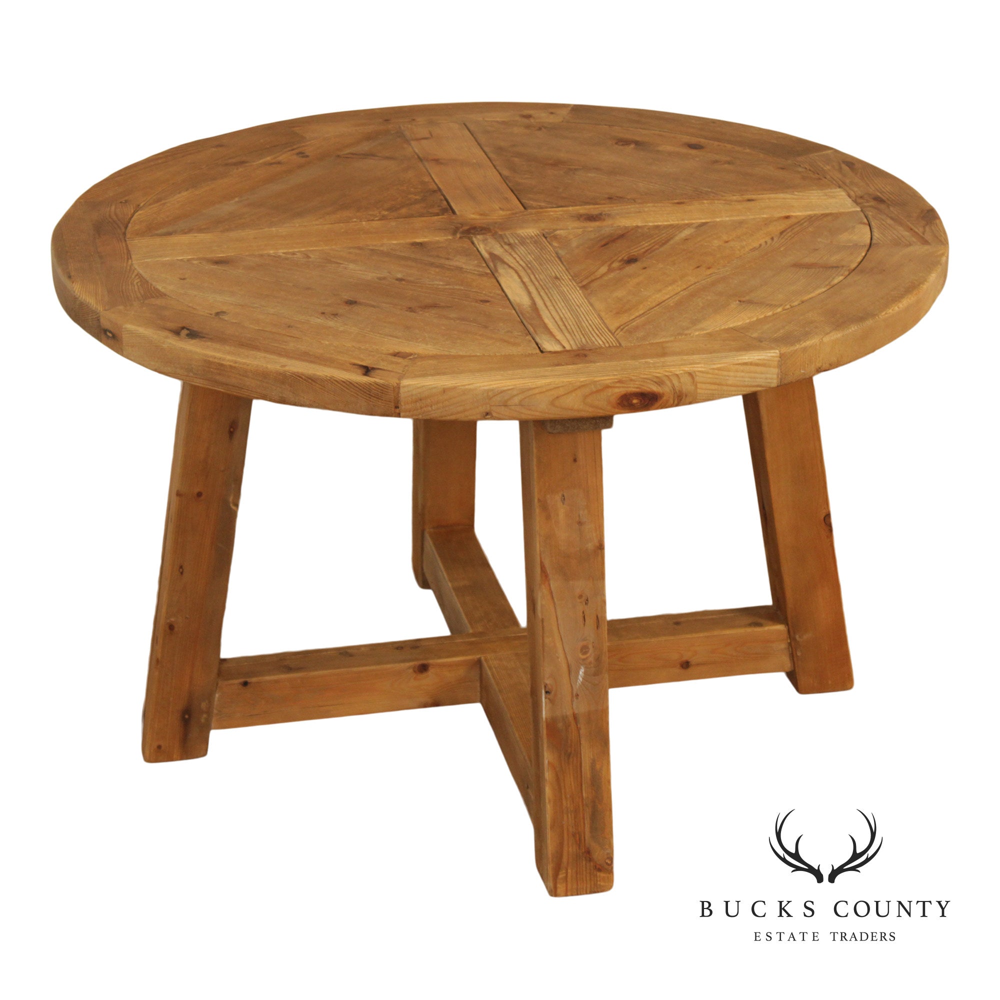 Rustic Industrial Round Pine Dining Or Center Table With X-Base