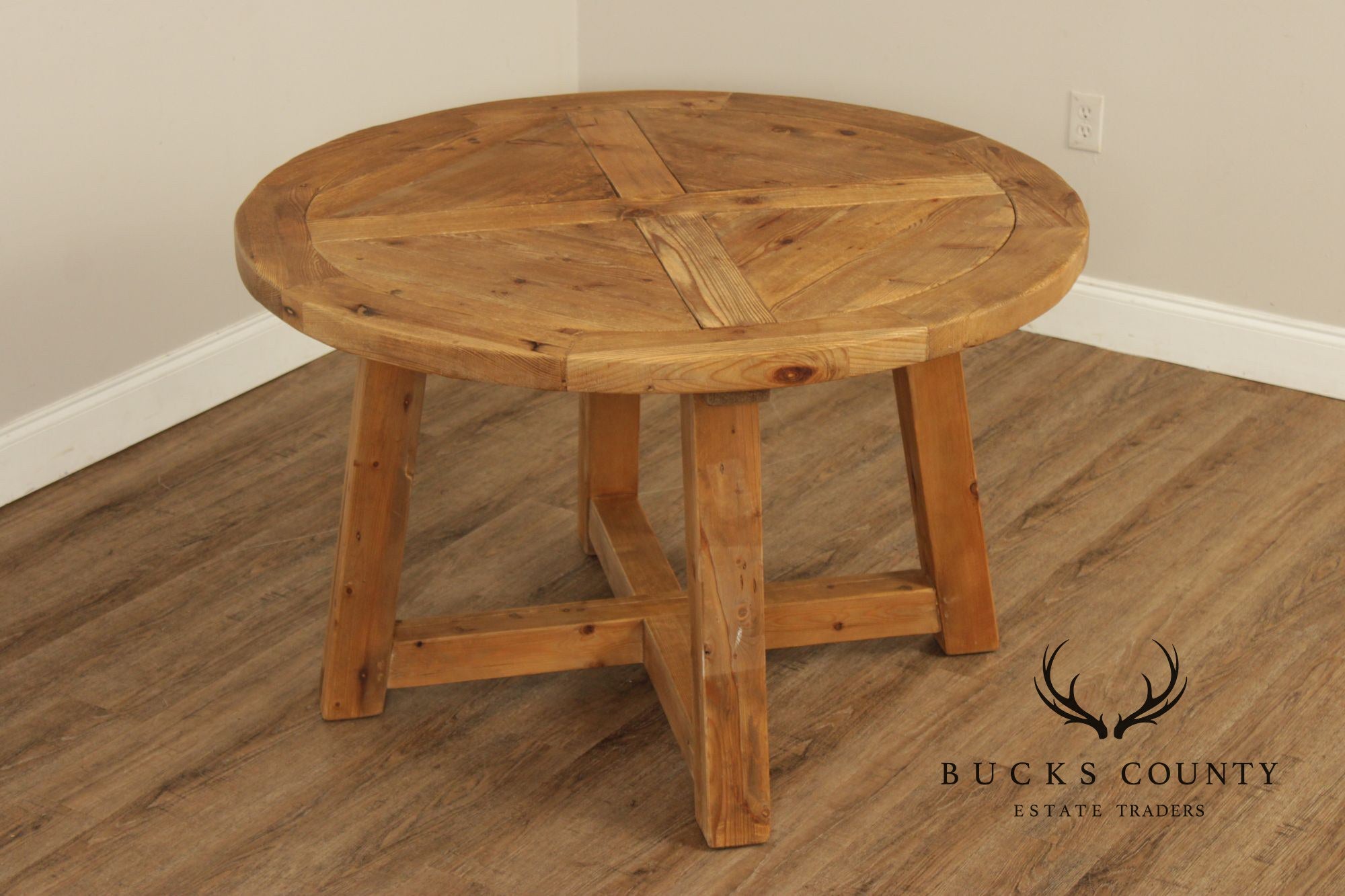 Rustic Industrial Round Pine Dining Or Center Table With X-Base