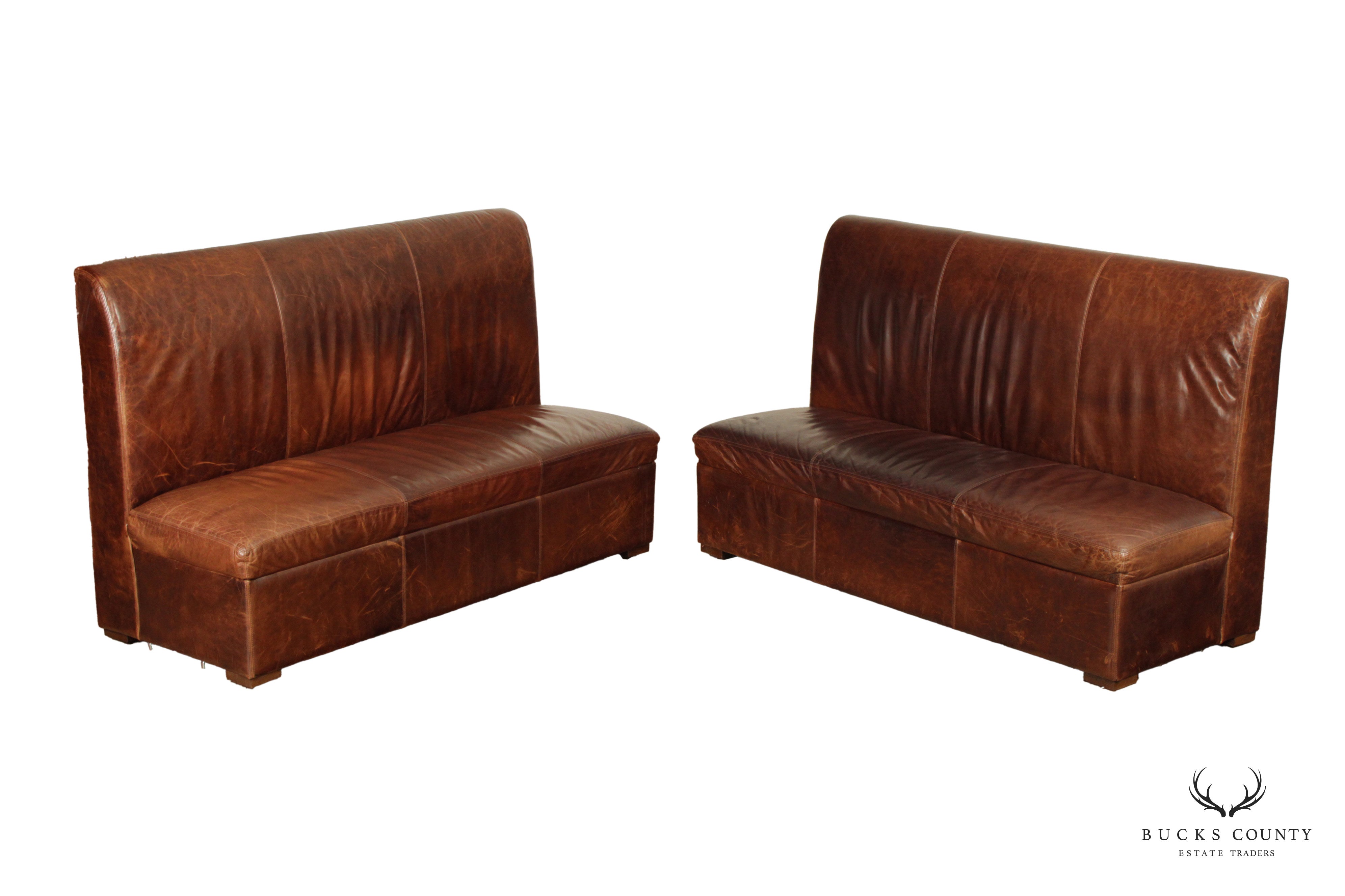 Quality Pair Of Brown Leather Banquette Benches