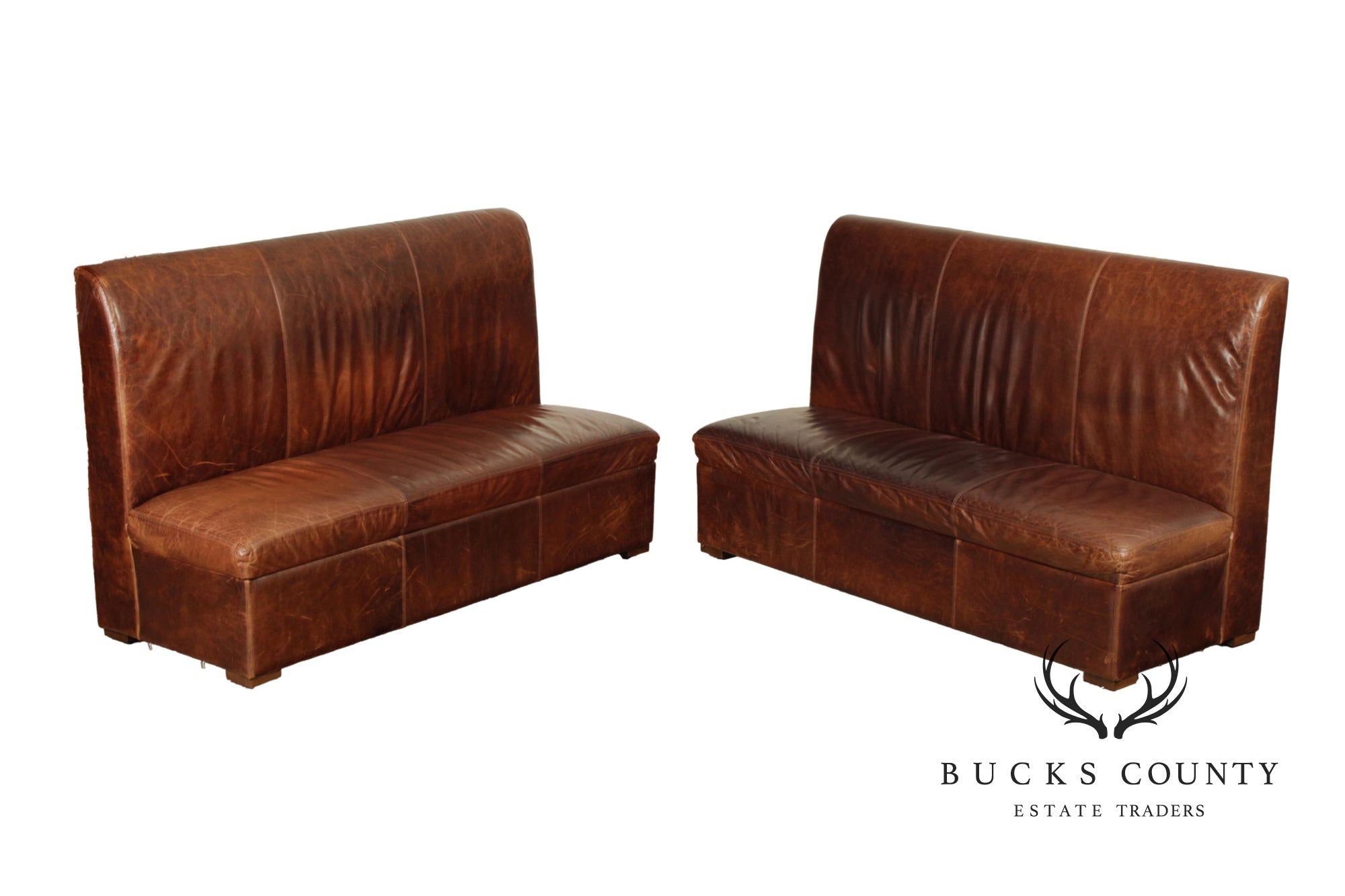 Quality Pair Of Brown Leather Banquette Benches
