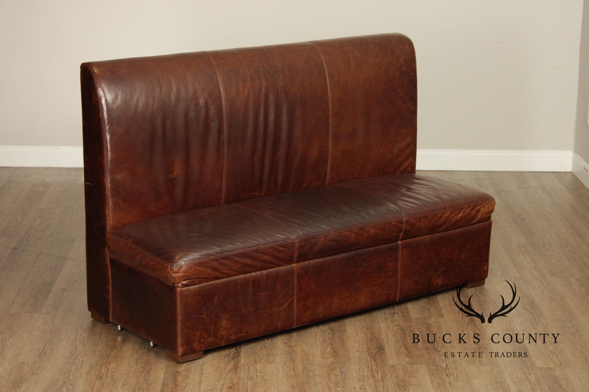 Quality Pair Of Brown Leather Banquette Benches