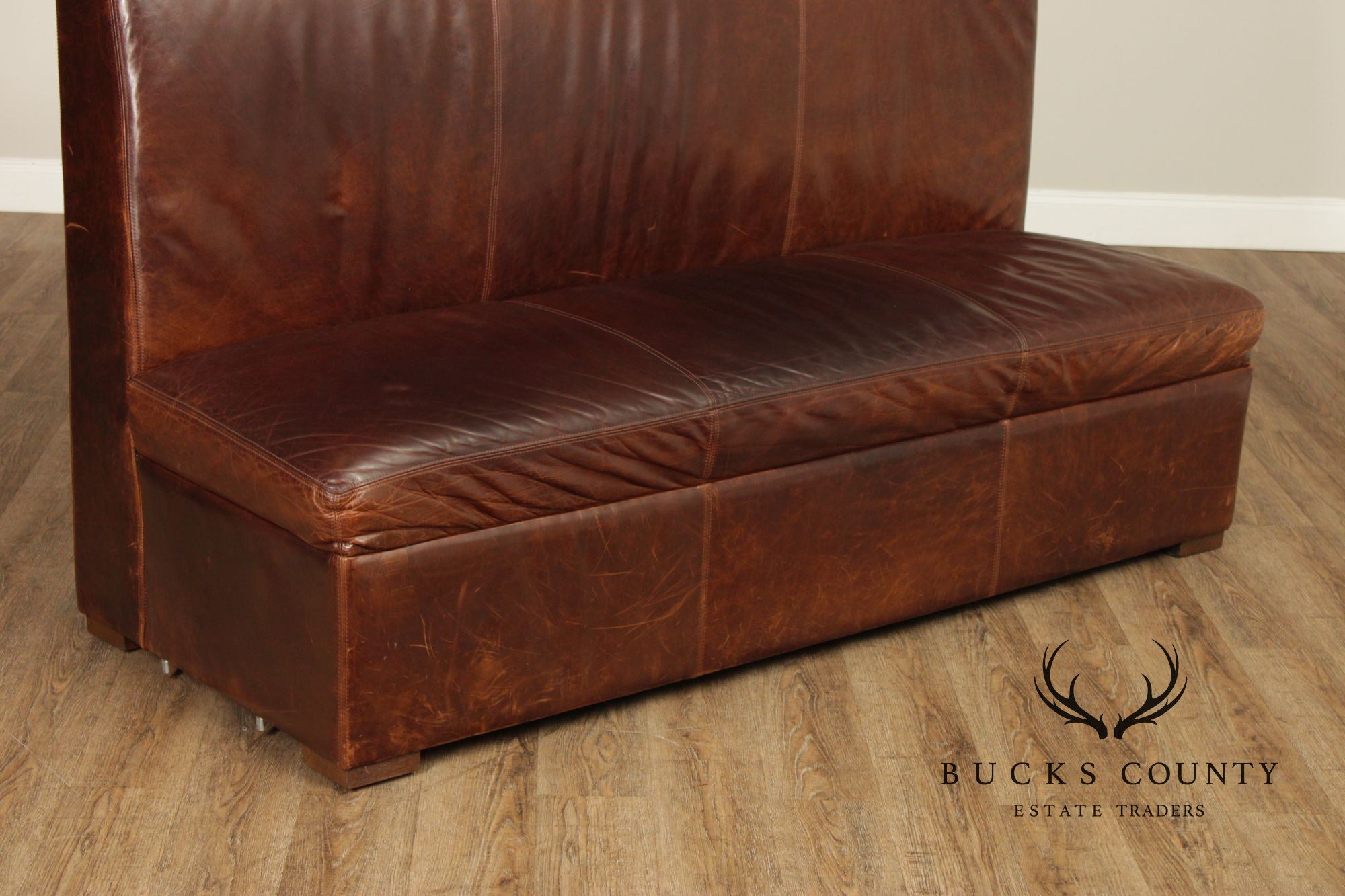 Quality Pair Of Brown Leather Banquette Benches