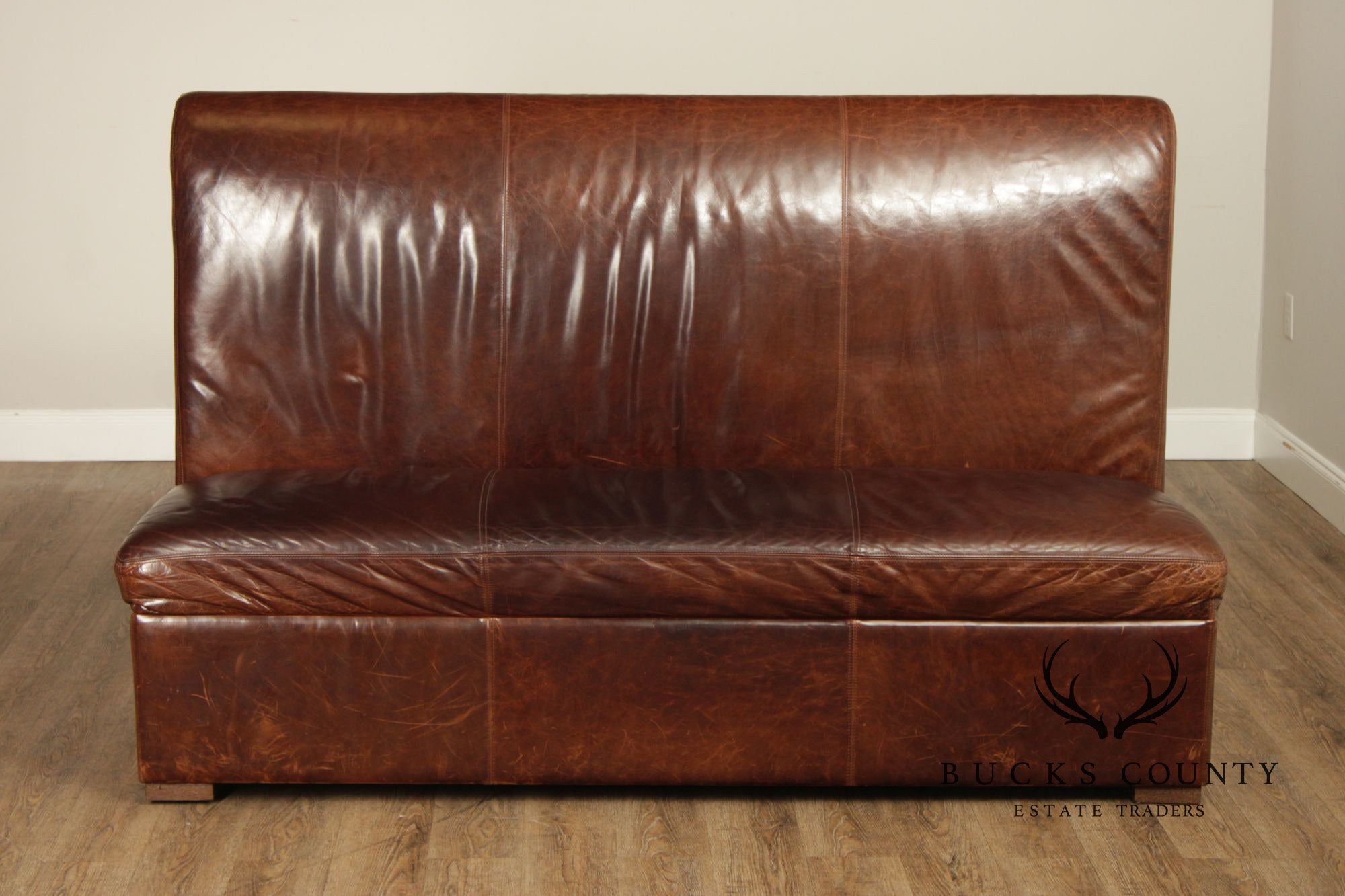 Quality Pair Of Brown Leather Banquette Benches