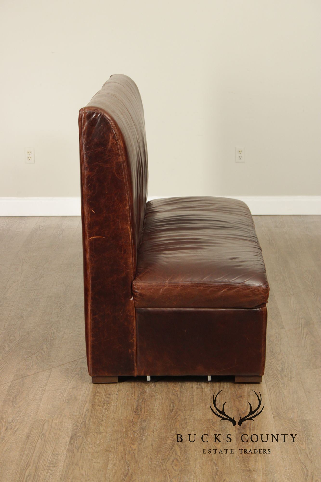 Quality Pair Of Brown Leather Banquette Benches